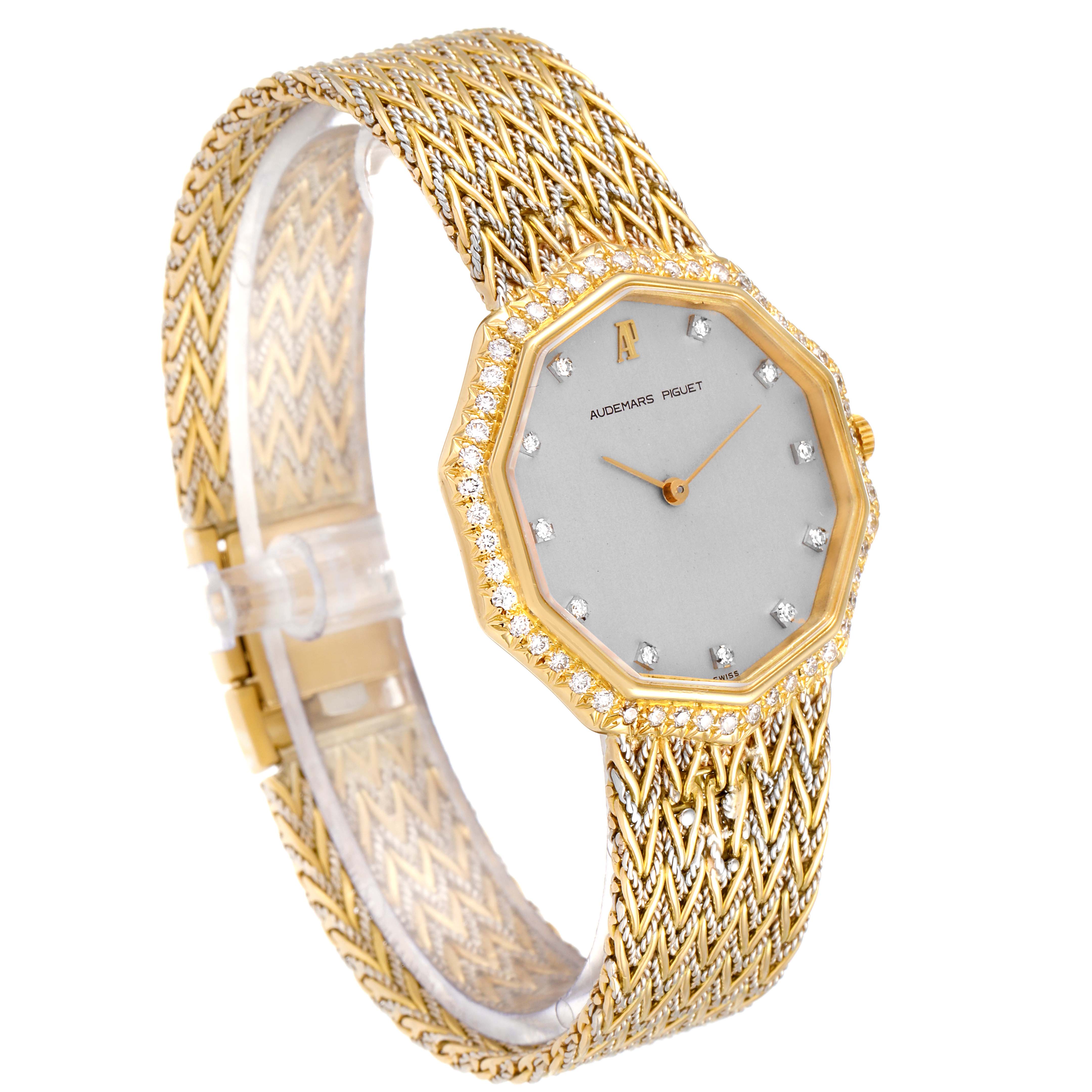 The image shows a front and side angle of a Vintage Audemars Piguet watch with a gold, diamond-studded case and intricate woven band.