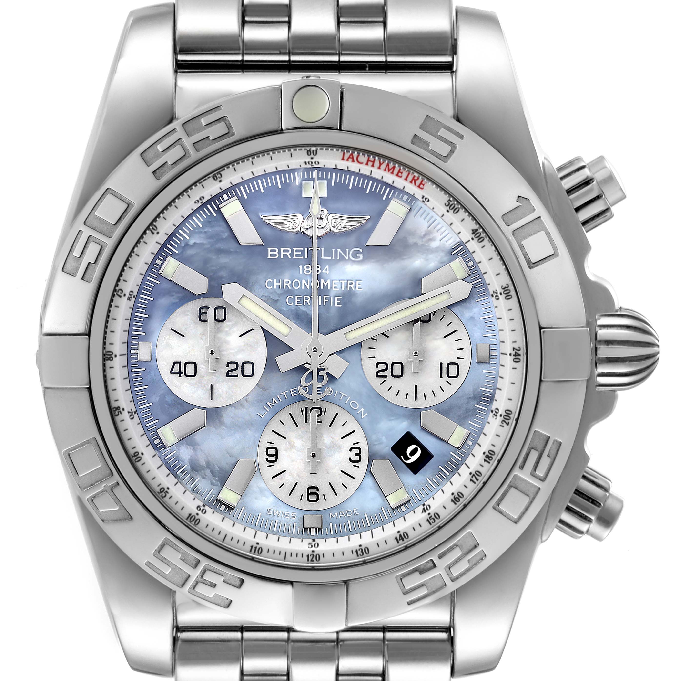 The image shows a front view of the Breitling Chronomat AB01103C/BC48 Men's Stainless Steel Mother of Pearl Dial AB01103C/BC48 Men's Stainless Steel Mother of Pearl Dial watch, highlighting its dial, subdials, bezel, and bracelet.