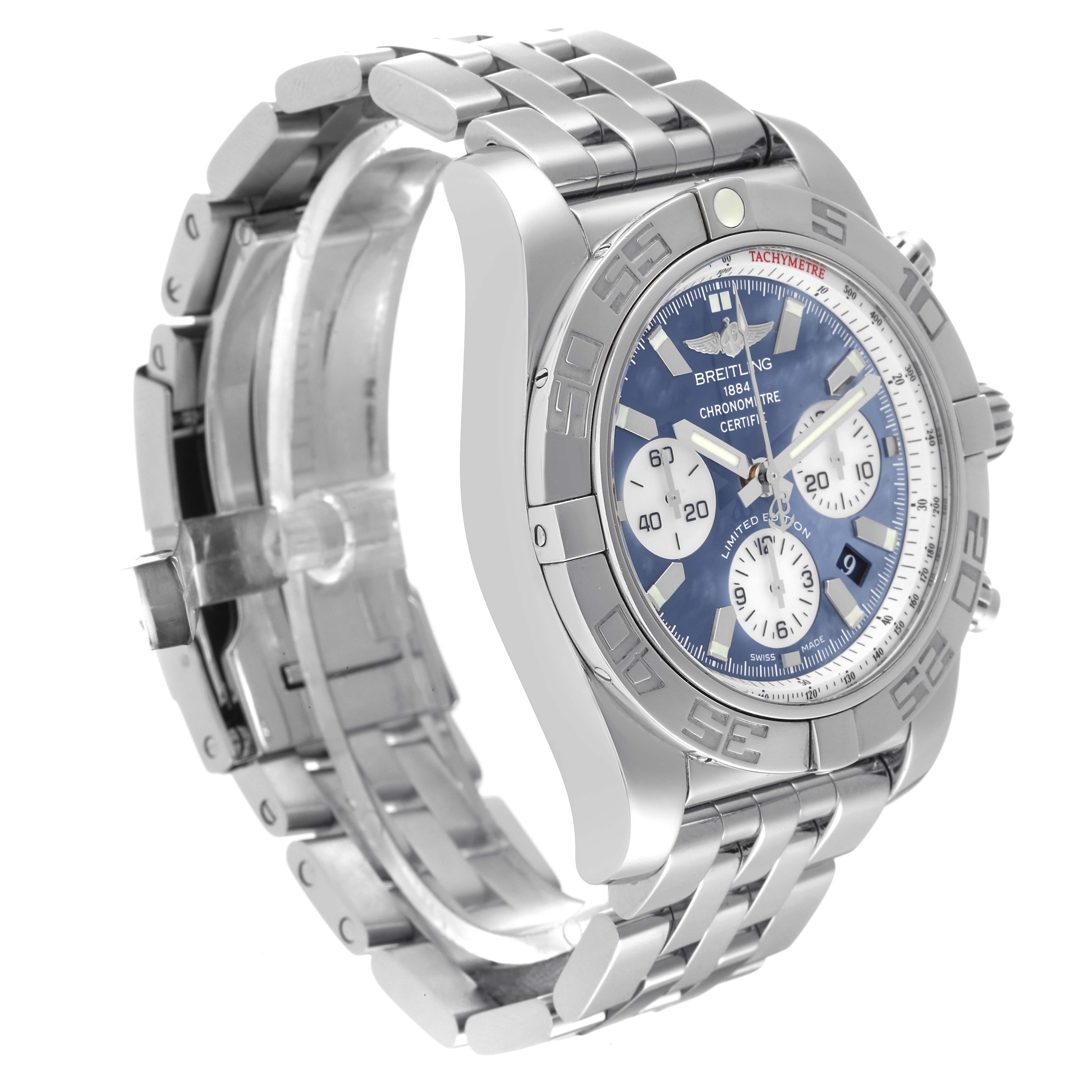 The image shows a side-angle view of a Breitling Chronomat AB01103C/BC48 Men's Stainless Steel Mother of Pearl Dial AB01103C/BC48 Men's Stainless Steel Mother of Pearl Dial watch, displaying the bracelet, crown, and face.