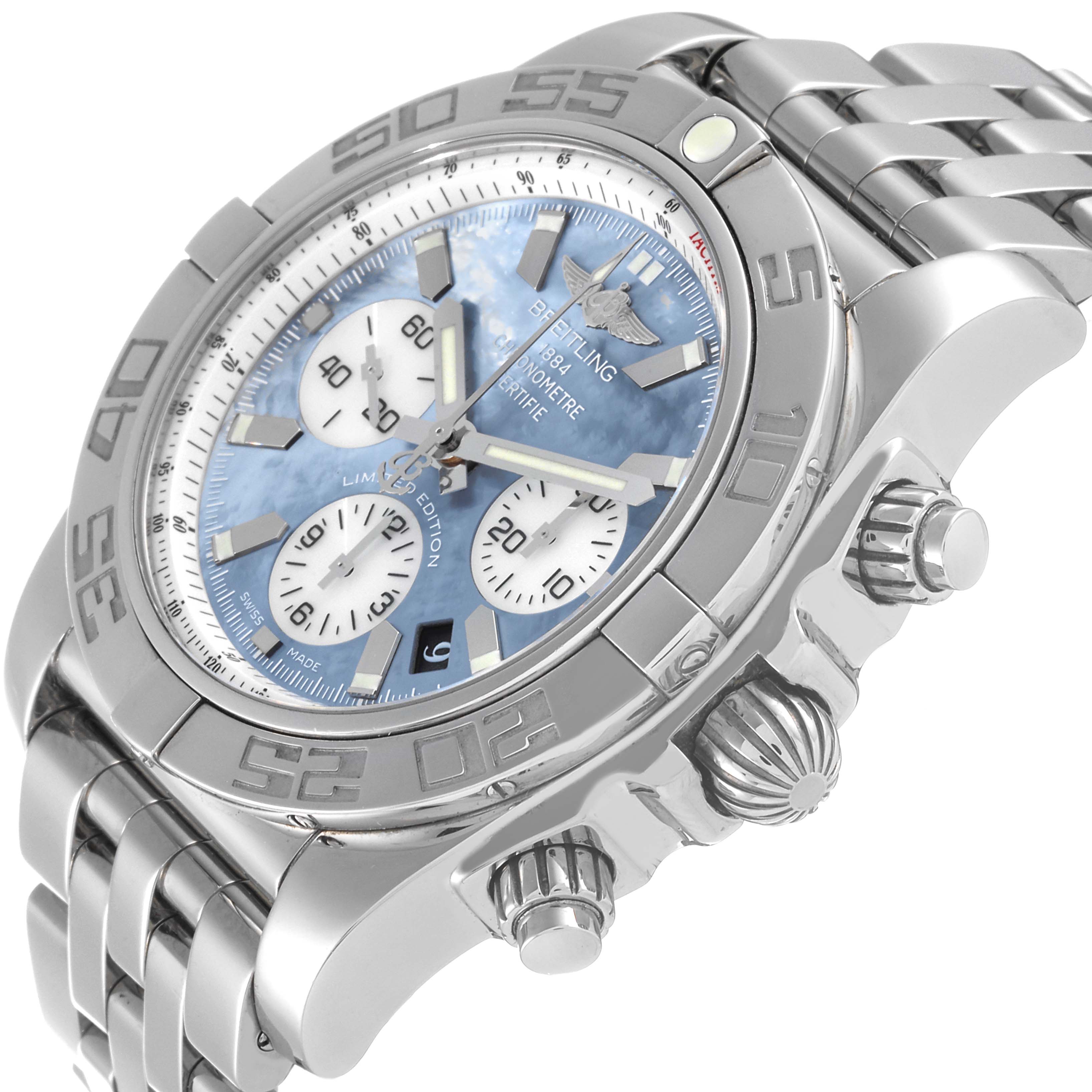 This image shows the Breitling Chronomat AB01103C/BC48 Men's Stainless Steel Mother of Pearl Dial AB01103C/BC48 Men's Stainless Steel Mother of Pearl Dial watch from an angle highlighting the dial, bezel, pushers, and bracelet.