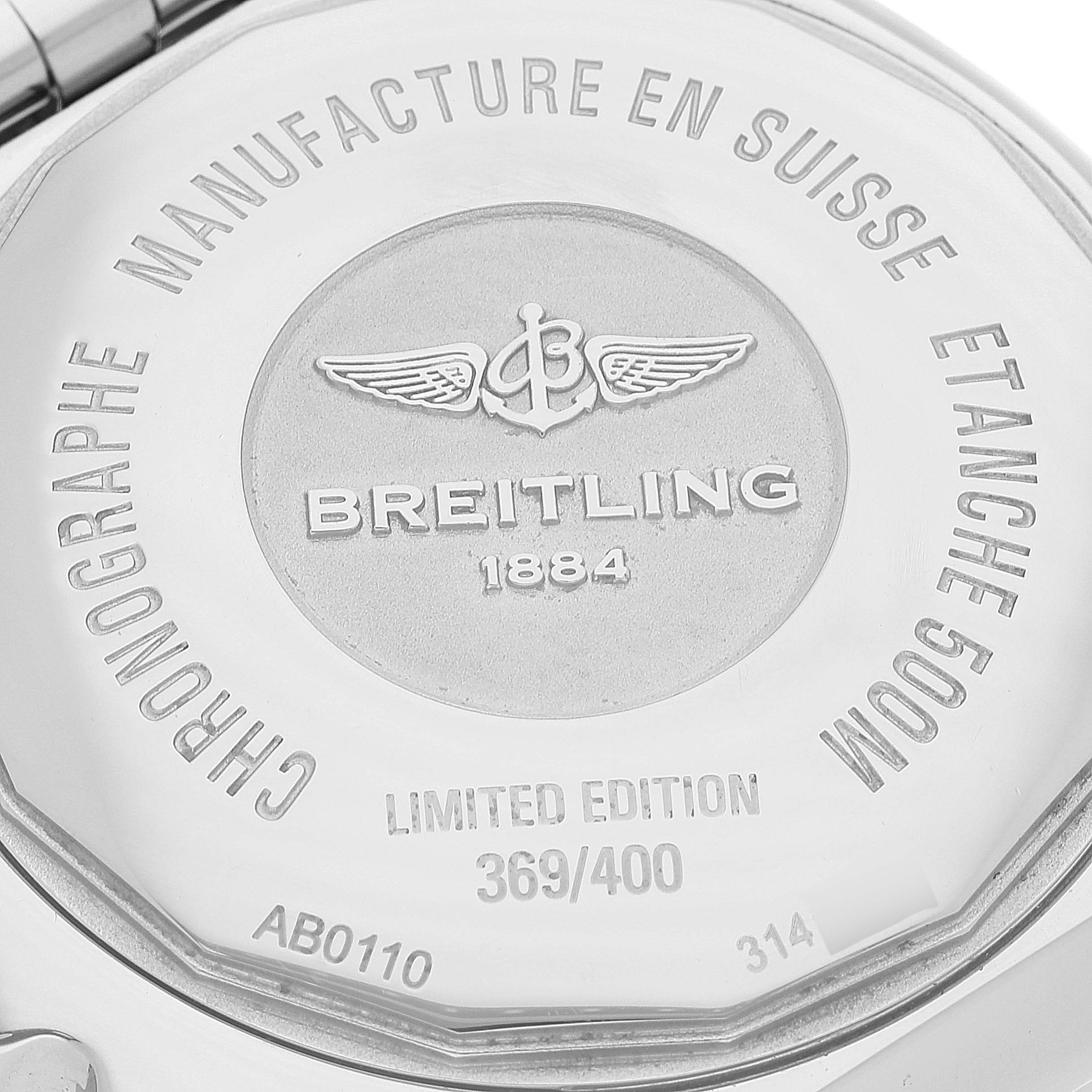 This image shows the stainless steel case back of a Breitling Chronomat AB01103C/BC48 Men's Stainless Steel Mother of Pearl Dial AB01103C/BC48 Men's Stainless Steel Mother of Pearl Dial watch, detailing its limited edition numbering.