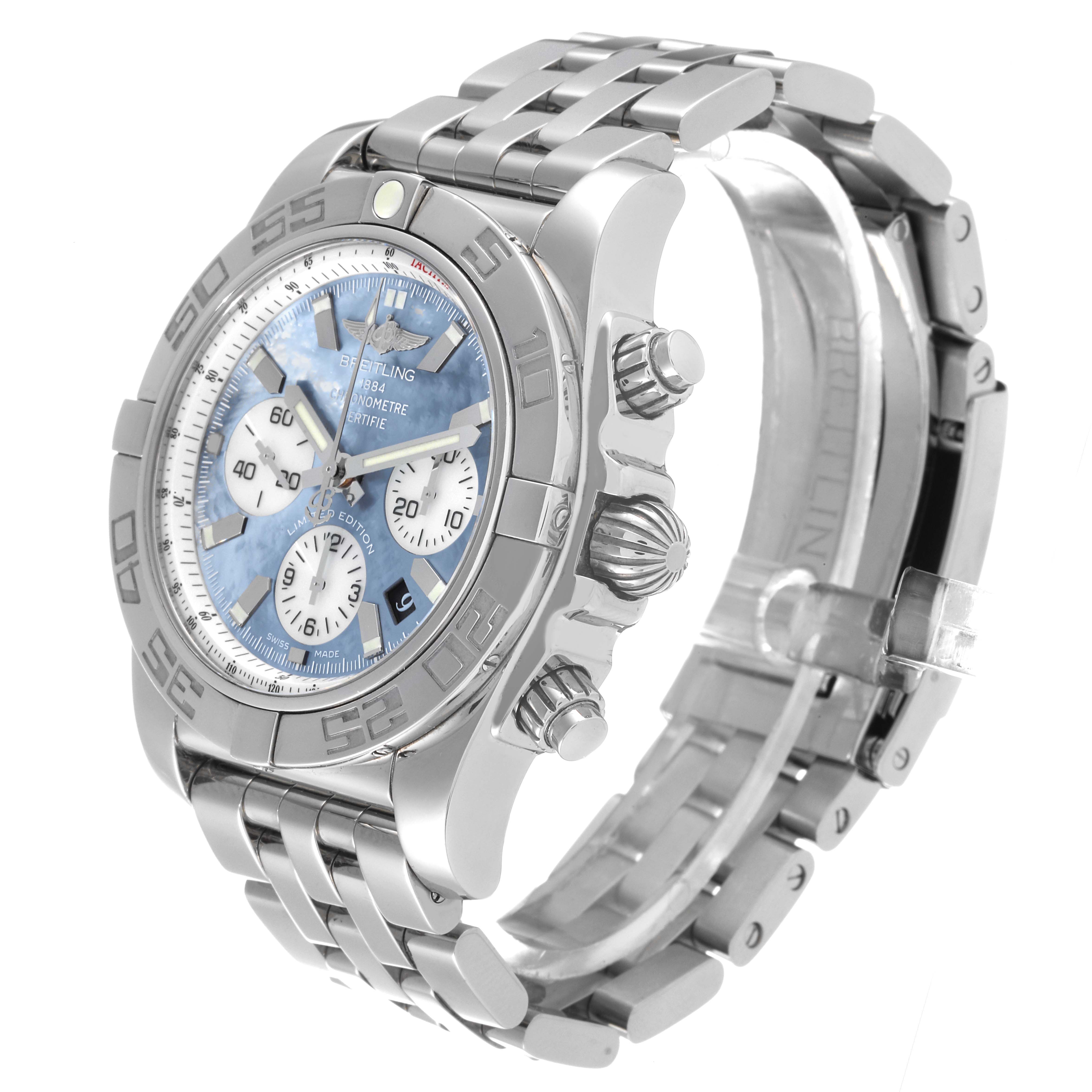 This image shows a Breitling Chronomat AB01103C/BC48 Men's Stainless Steel Mother of Pearl Dial AB01103C/BC48 Men's Stainless Steel Mother of Pearl Dial watch at a three-quarter angle, highlighting its dial, bezel, side buttons, and metal bracelet.