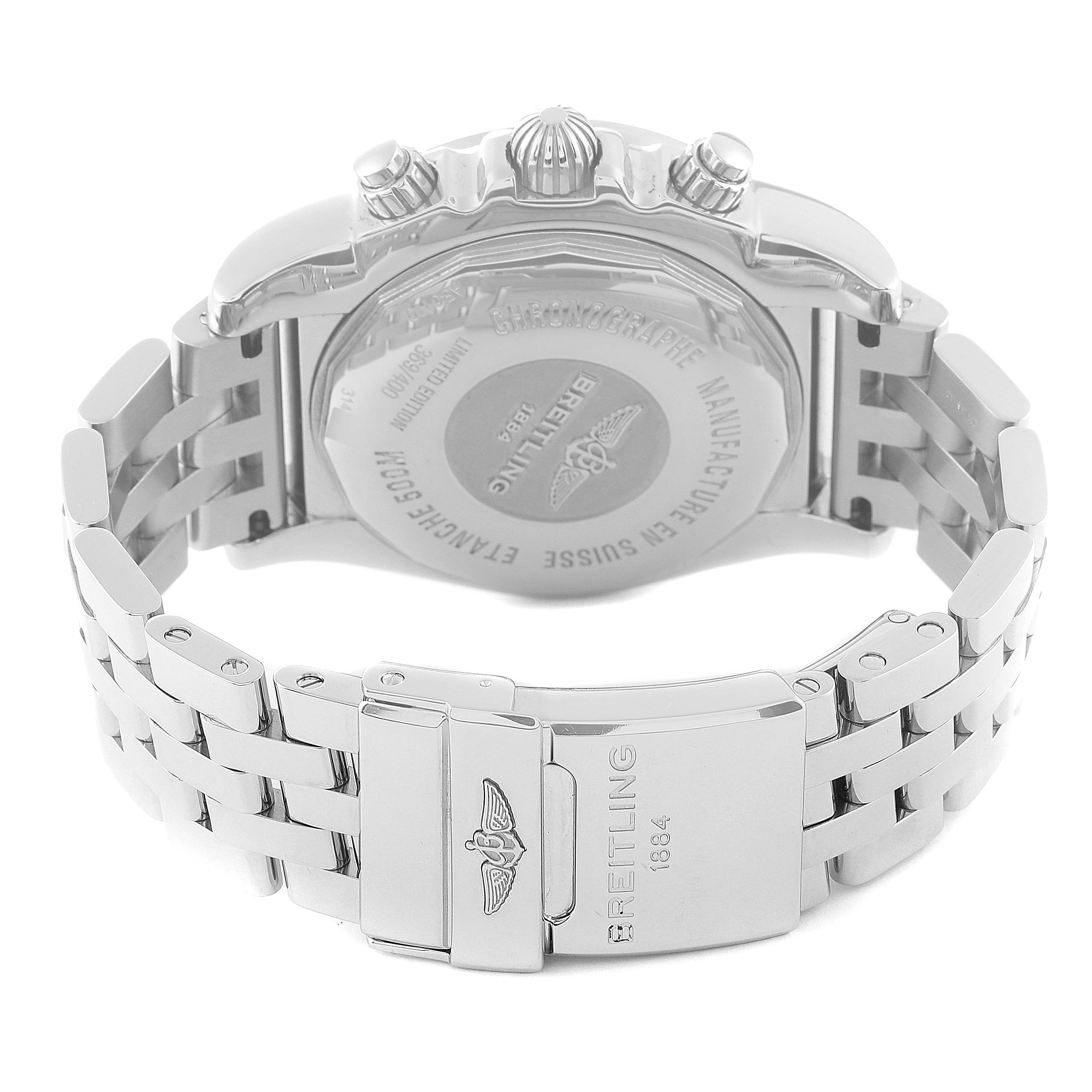 The image shows the back and clasp of a Breitling Chronomat AB01103C/BC48 Men's Stainless Steel Mother of Pearl Dial AB01103C/BC48 Men's Stainless Steel Mother of Pearl Dial watch, displaying the watch case back and part of the bracelet.