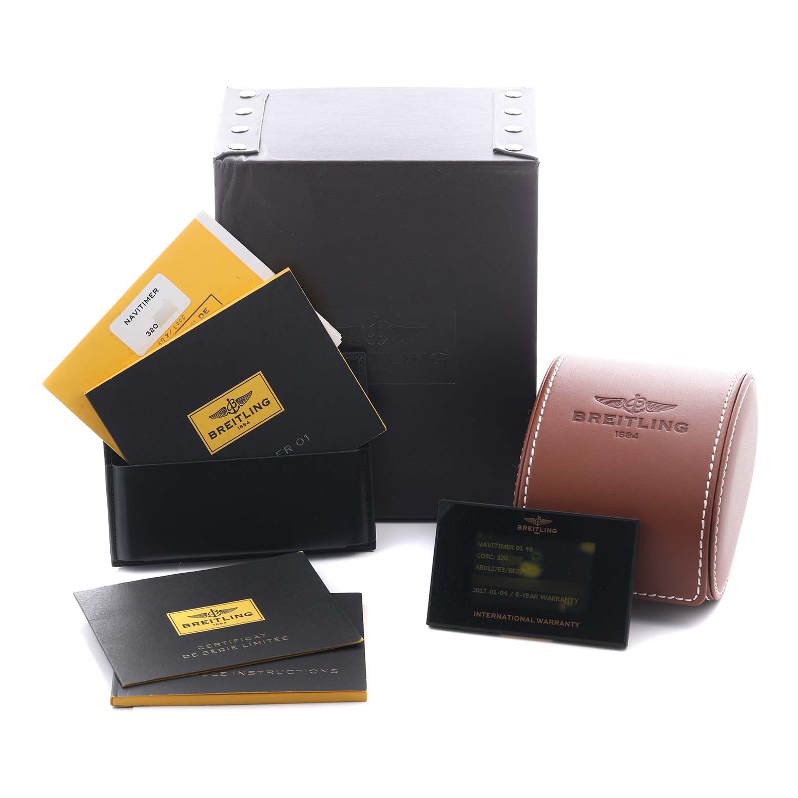 The image shows a Breitling Navitimer AB0127E3/BE81 Men's Stainless Steel Black Dial AB0127E3/BE81 Men's Stainless Steel Black Dial box set with manuals, warranty card, black outer box, and a brown leather case.