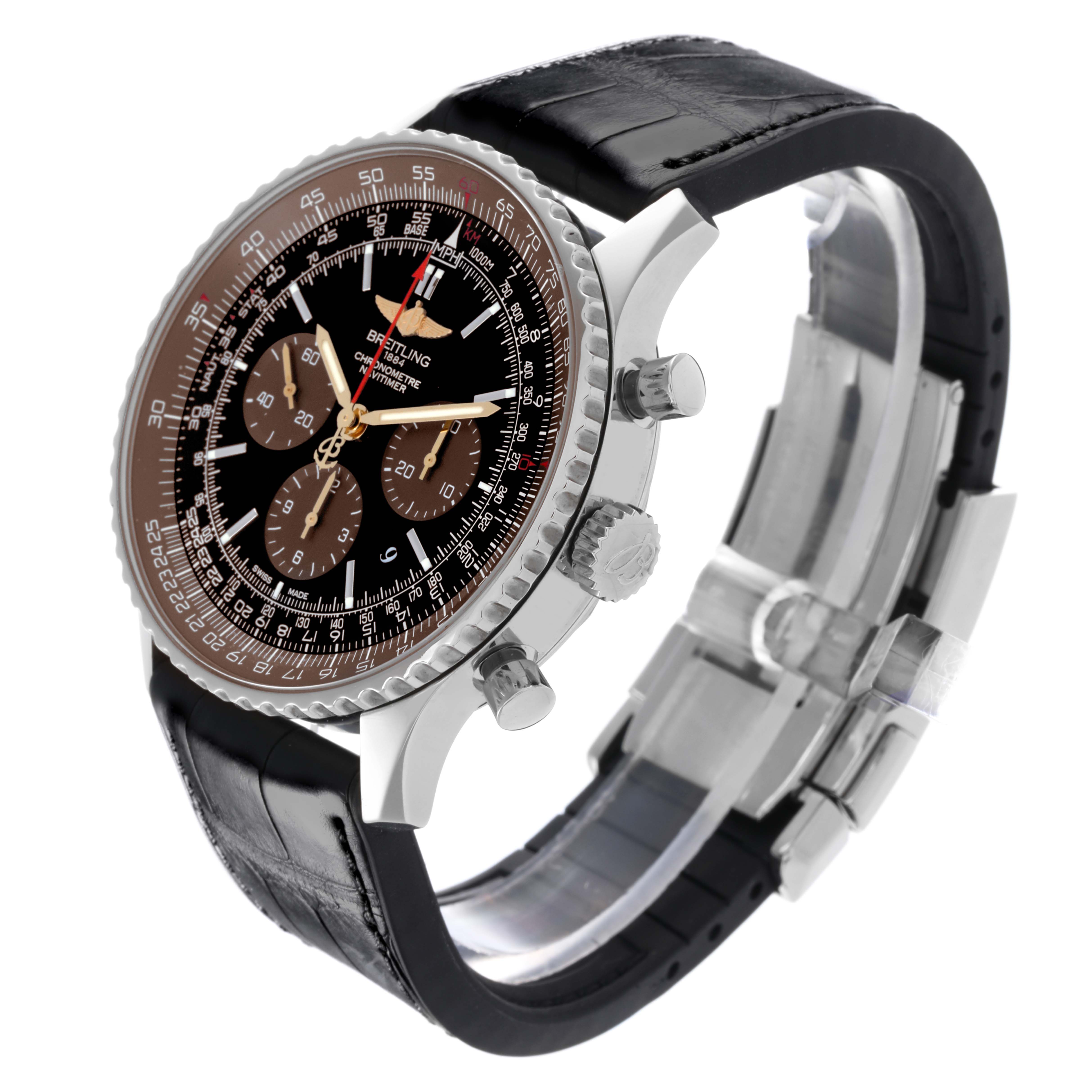 The Breitling Navitimer AB0127E3/BE81 Men's Stainless Steel Black Dial AB0127E3/BE81 Men's Stainless Steel Black Dial watch is shown from a three-quarter angle, highlighting the face, bezel, crown, pushers, and leather strap.