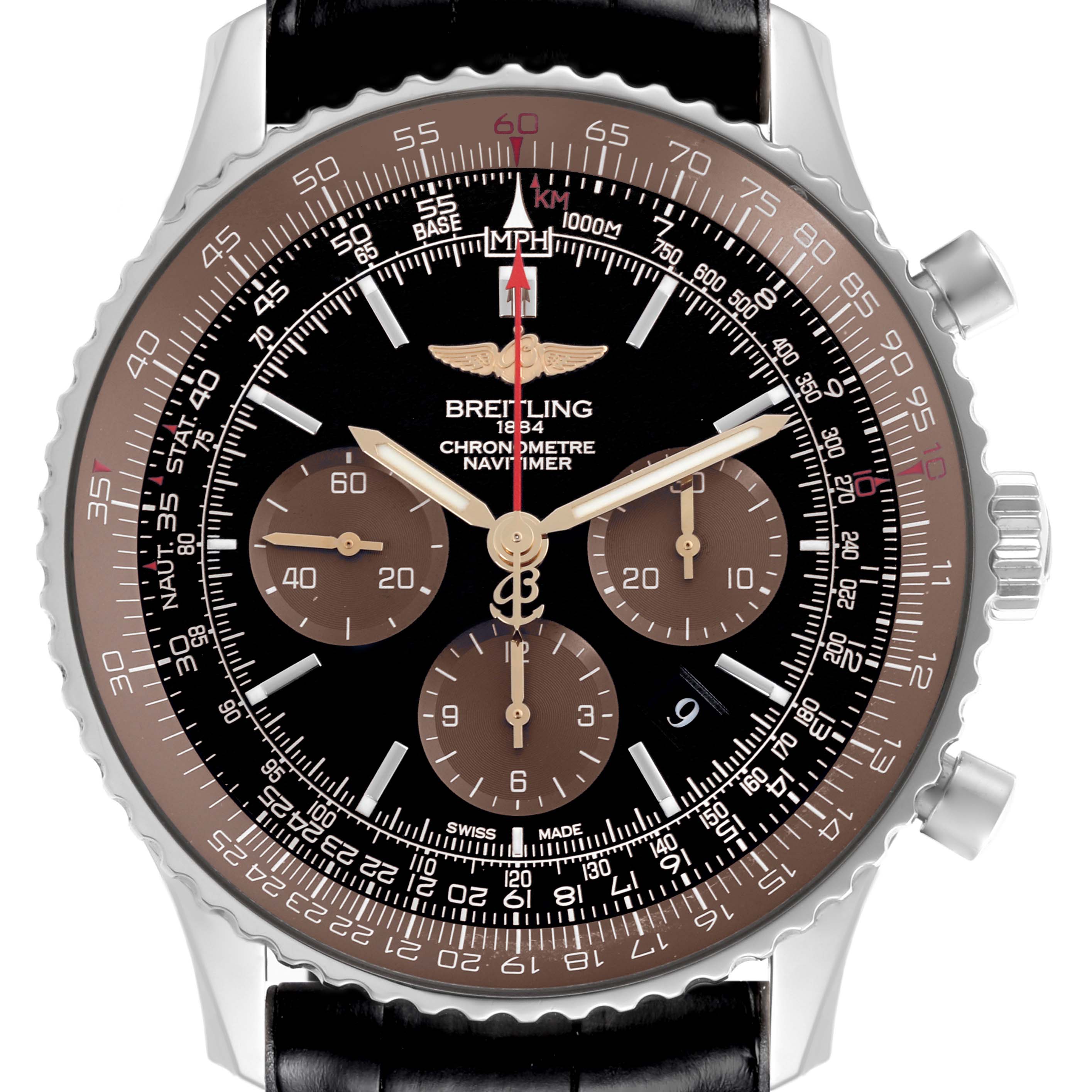 The Breitling Navitimer AB0127E3/BE81 Men's Stainless Steel Black Dial AB0127E3/BE81 Men's Stainless Steel Black Dial watch is shown from the front, highlighting its detailed dial, subdials, and bezel.