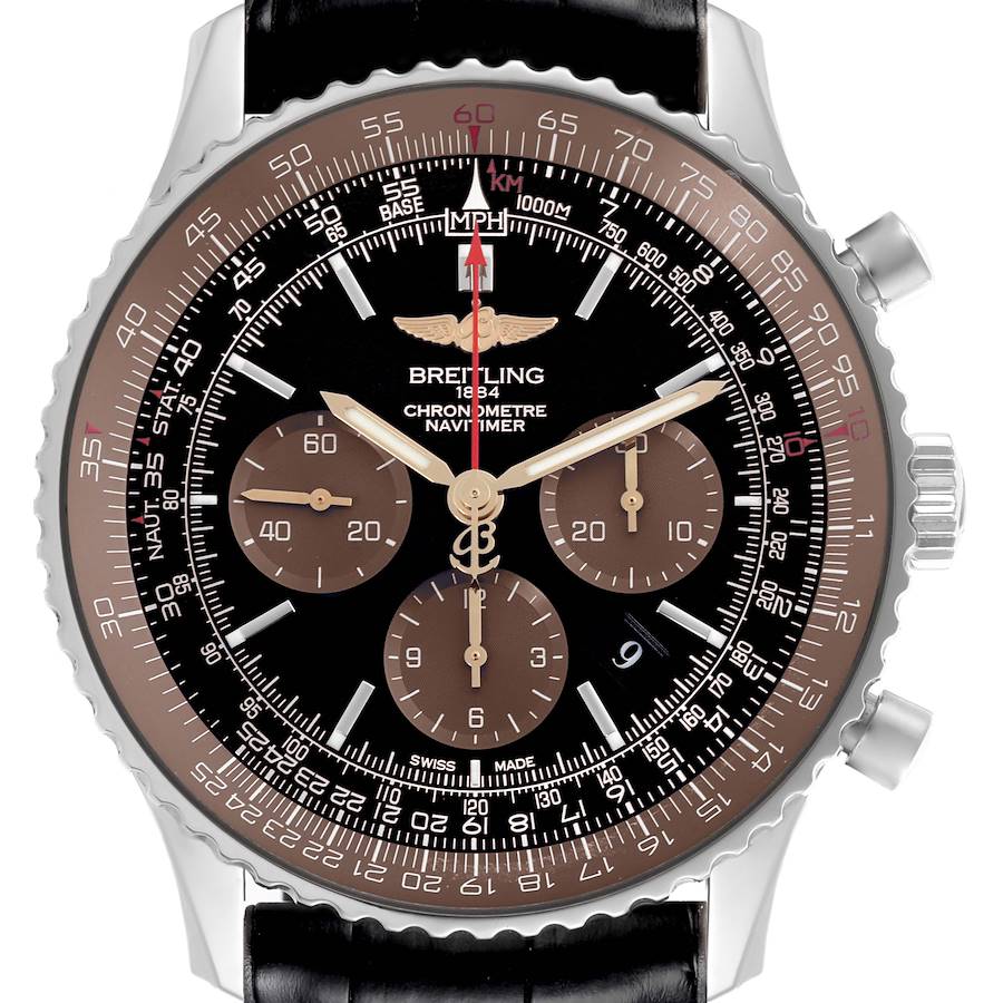 The Breitling Navitimer watch is shown from the front, highlighting its detailed dial, subdials, and bezel.