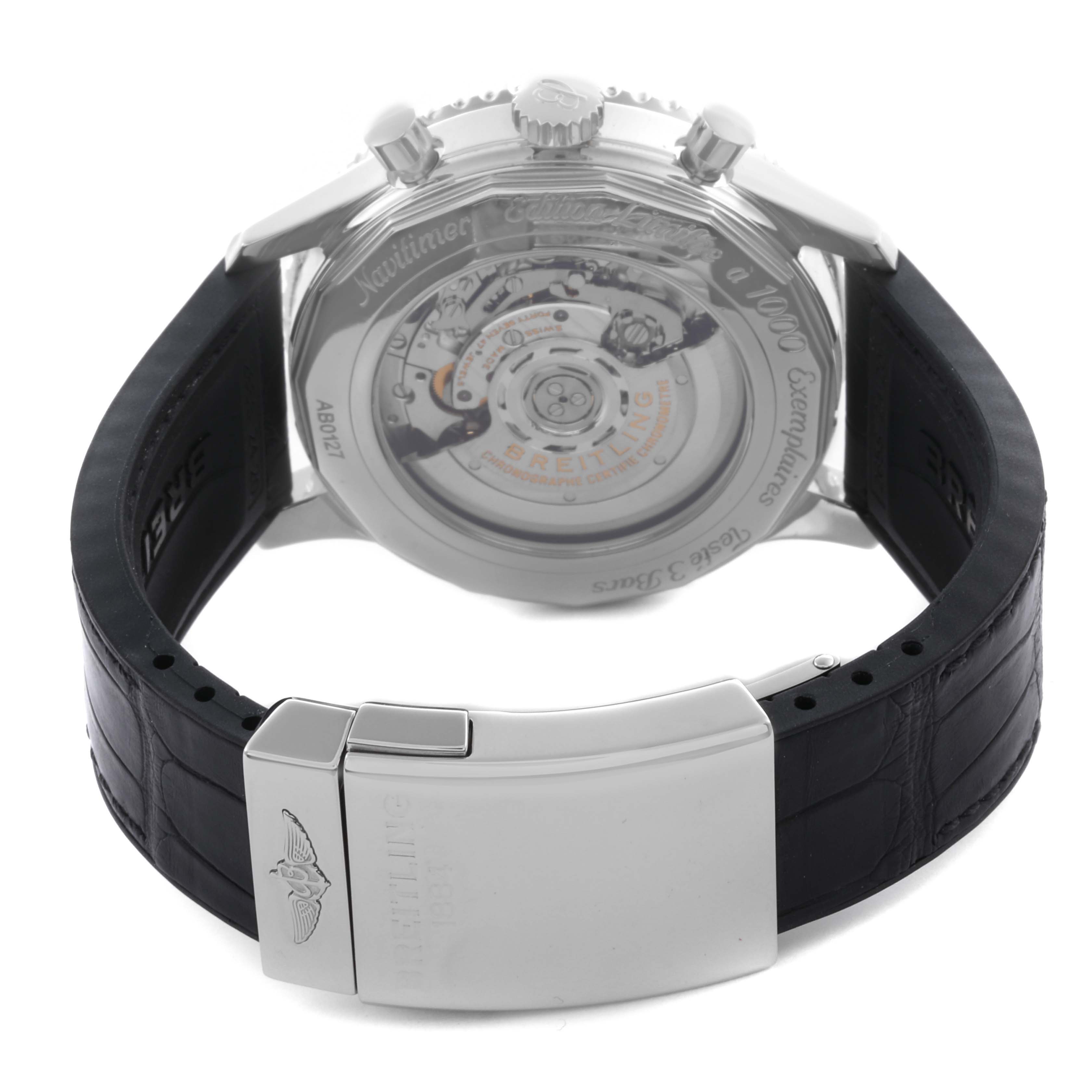 The Breitling Navitimer AB0127E3/BE81 Men's Stainless Steel Black Dial AB0127E3/BE81 Men's Stainless Steel Black Dial watch is shown from the back, highlighting the transparent case back and leather strap.