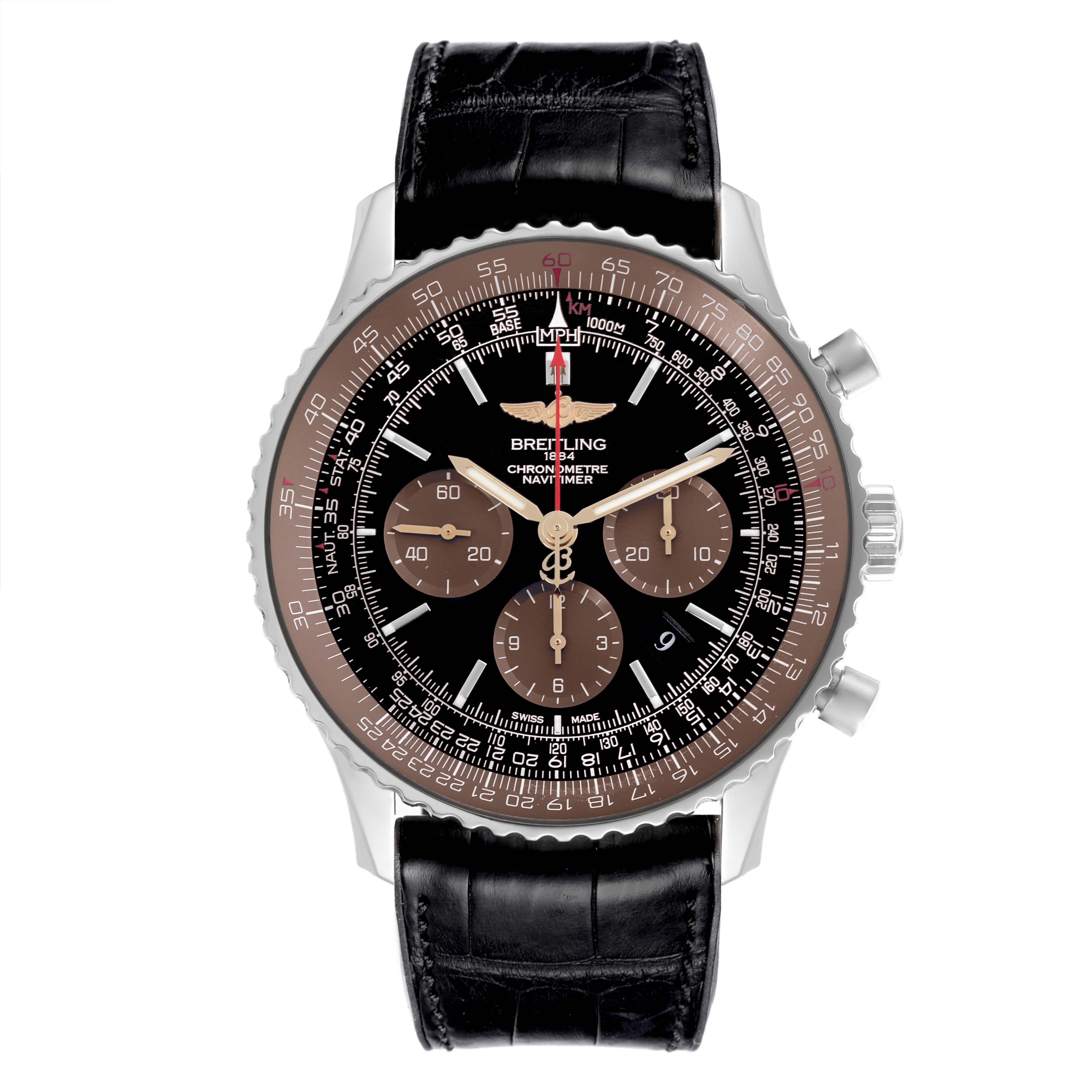 The Breitling Navitimer AB0127E3/BE81 Men's Stainless Steel Black Dial AB0127E3/BE81 Men's Stainless Steel Black Dial watch is shown from a front angle, highlighting its black dial, subdials, bezel, and leather strap.