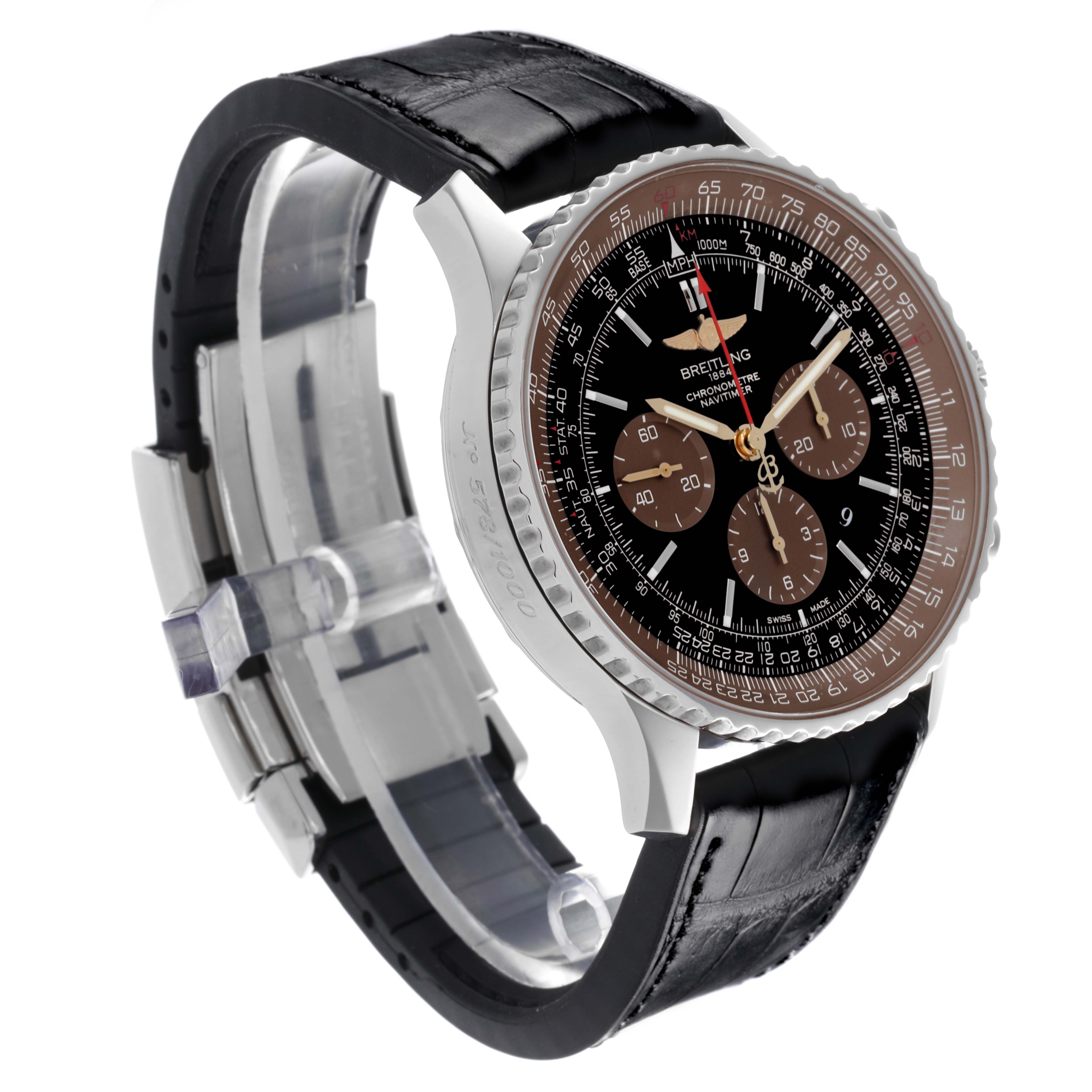 The Breitling Navitimer AB0127E3/BE81 Men's Stainless Steel Black Dial AB0127E3/BE81 Men's Stainless Steel Black Dial is shown at a slightly angled side view, displaying the dial, chronograph, bezel, and black leather strap.