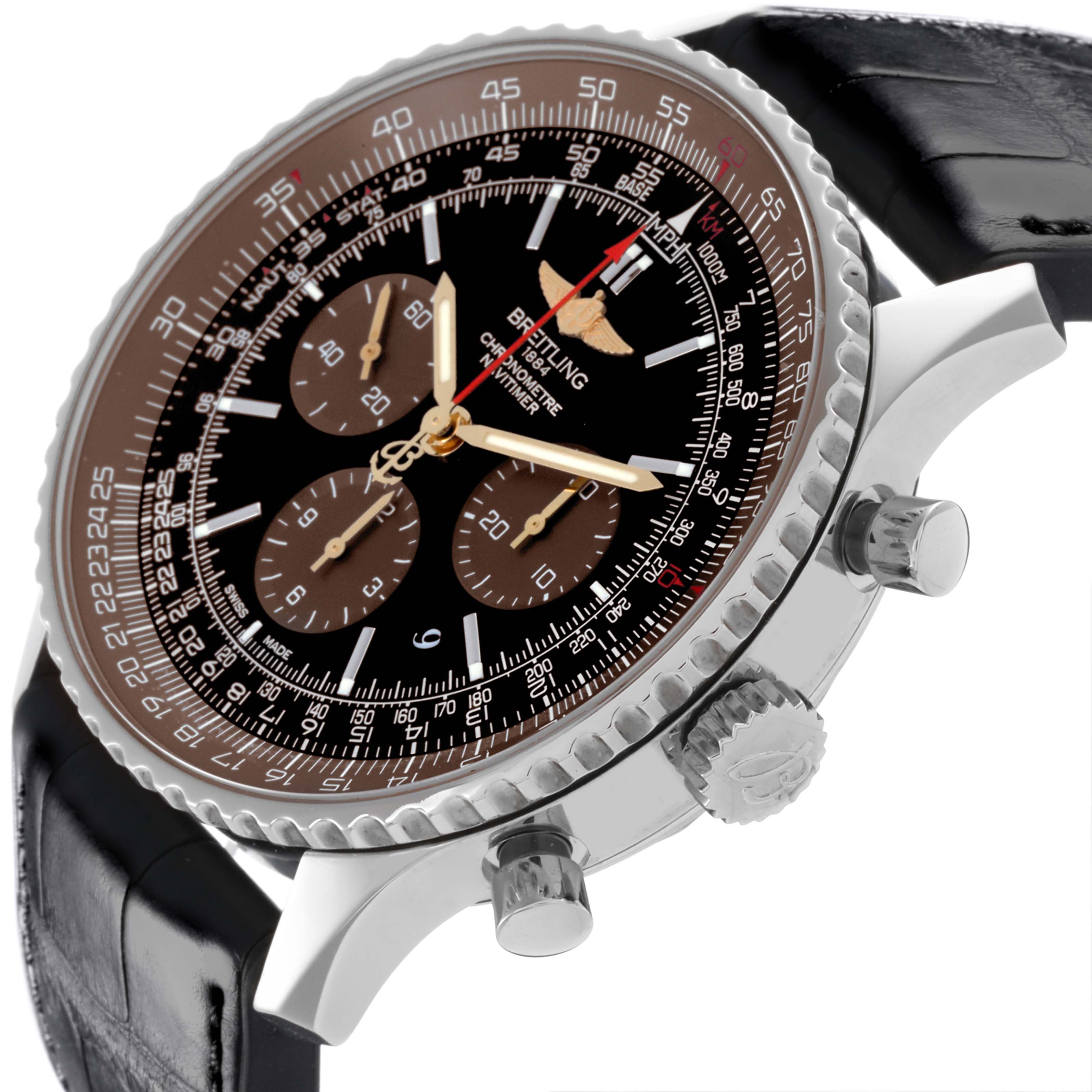 The Breitling Navitimer AB0127E3/BE81 Men's Stainless Steel Black Dial AB0127E3/BE81 Men's Stainless Steel Black Dial watch is shown at an angled close-up, highlighting the dial, bezel, crown, and chronograph pushers.
