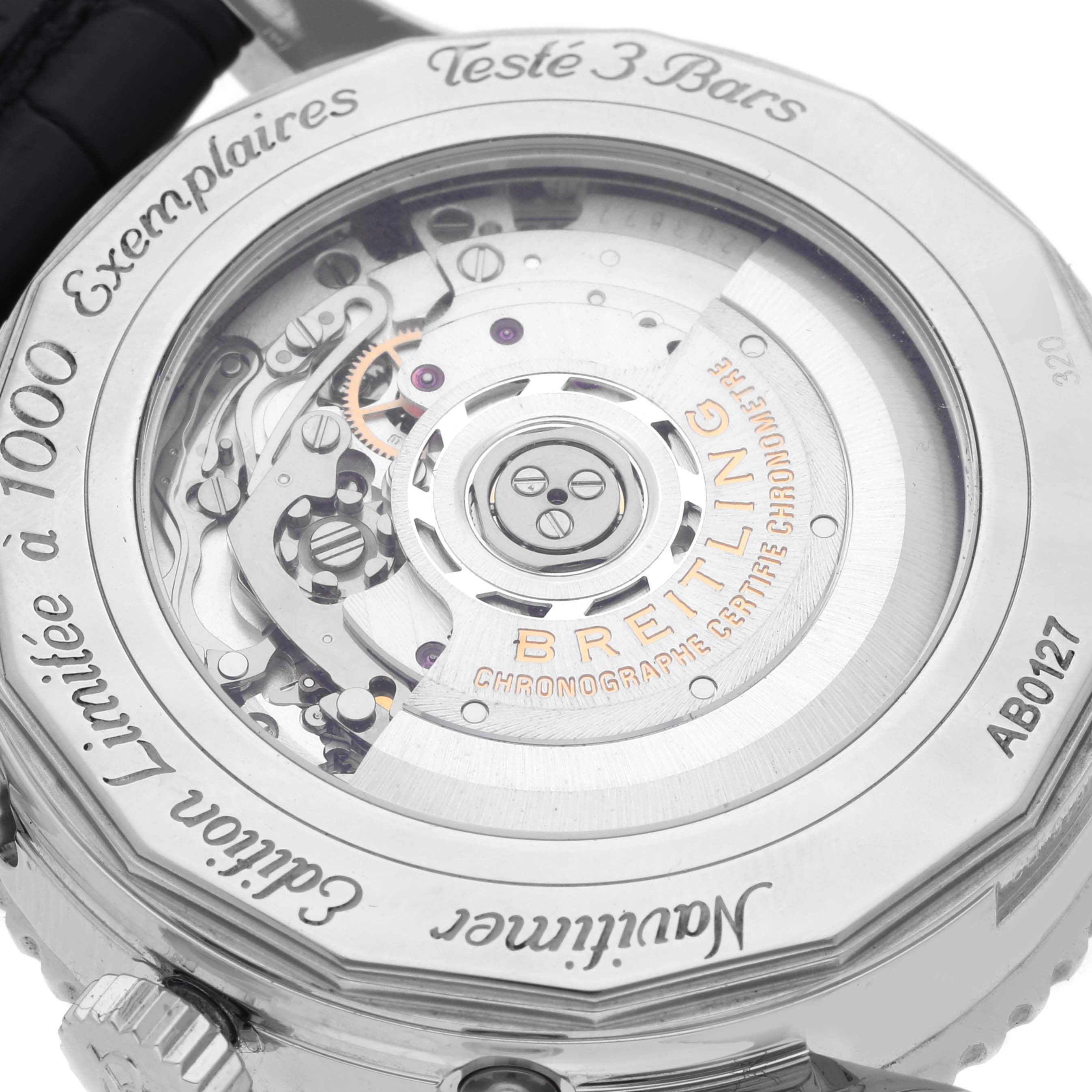 The image shows the back of a Breitling Navitimer AB0127E3/BE81 Men's Stainless Steel Black Dial AB0127E3/BE81 Men's Stainless Steel Black Dial watch, focusing on the transparent case back and movement components.