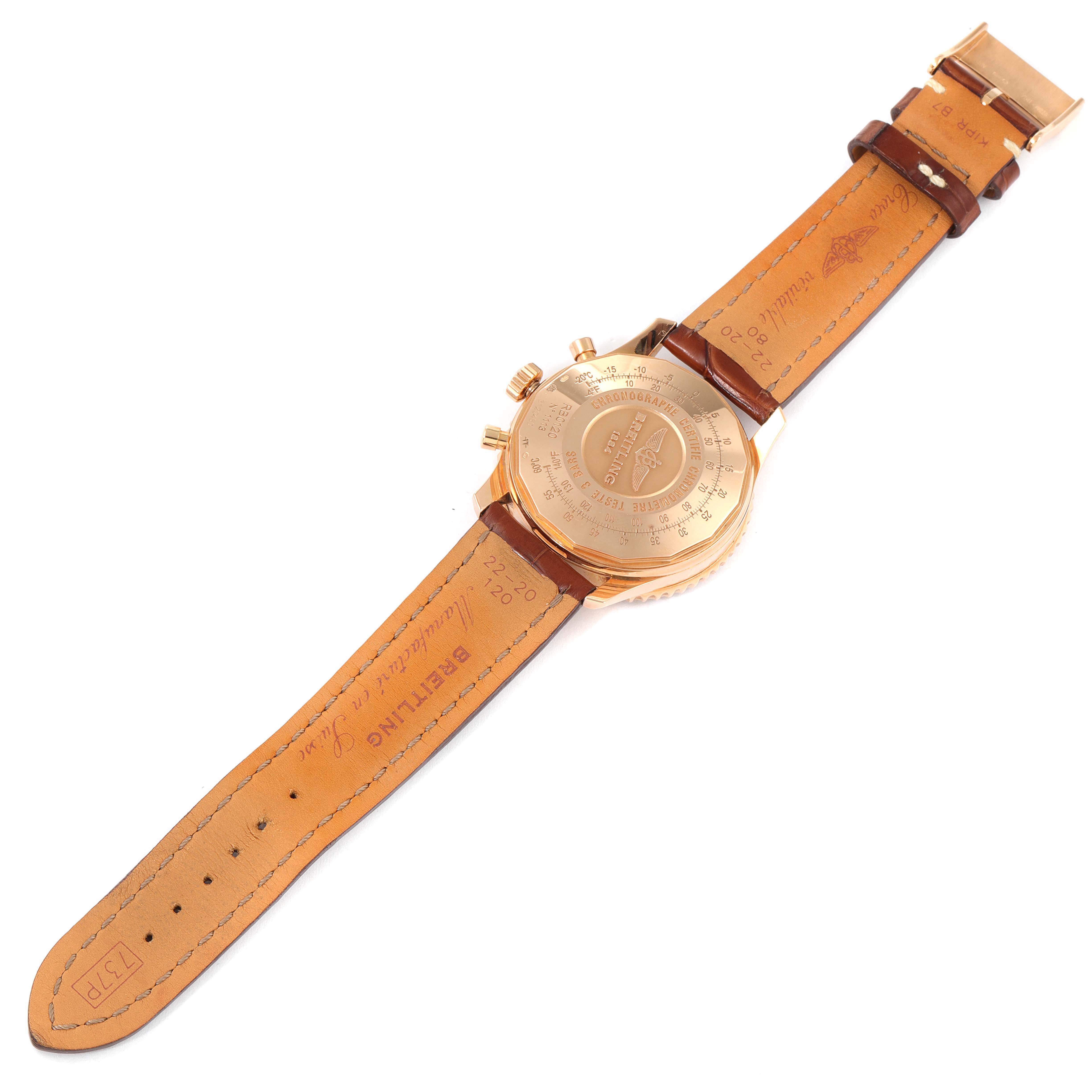 The image shows the back side and leather strap of a Breitling Navitimer RB0120 Men's Rose Gold Black Dial RB0120 Men's Rose Gold Black Dial watch at an angled view.