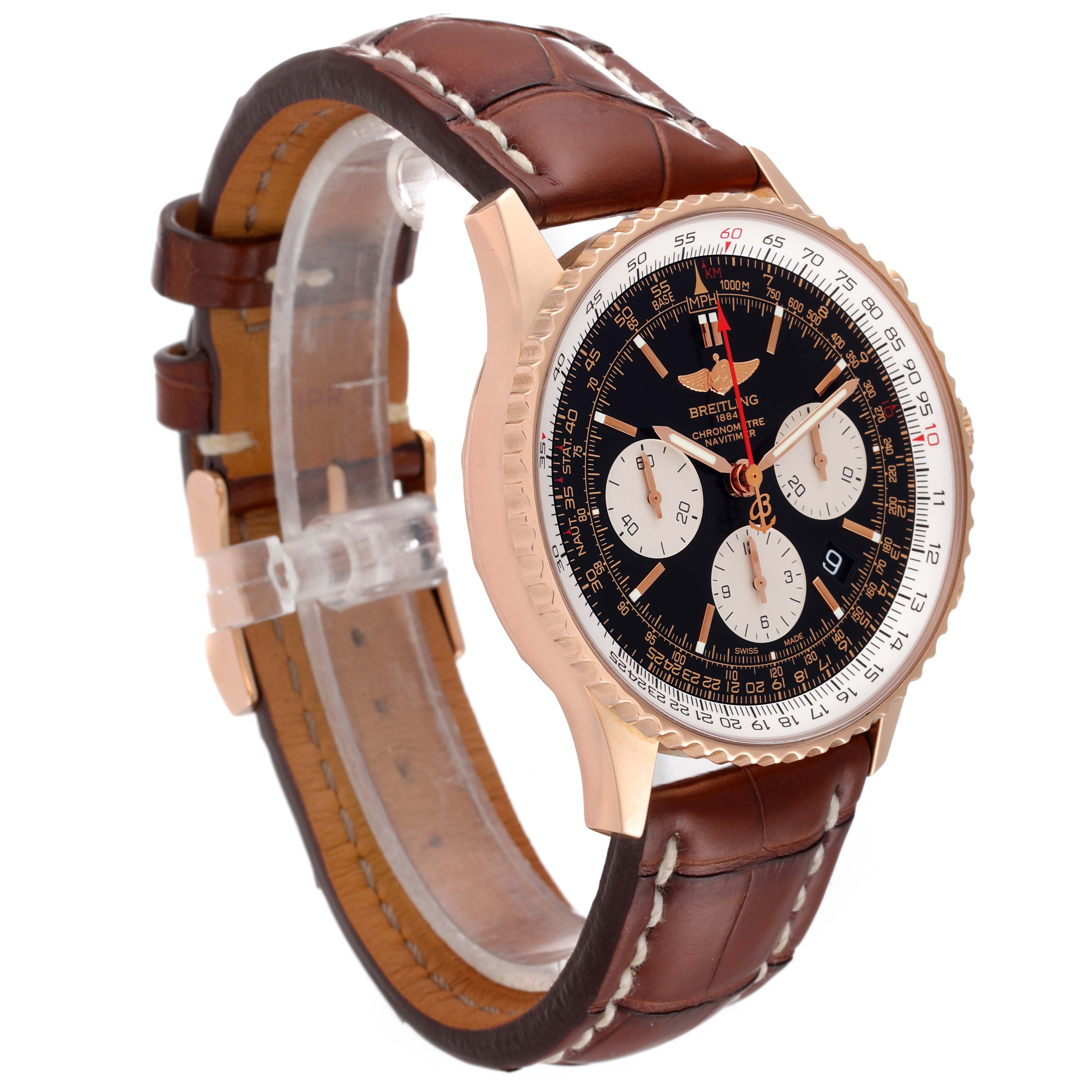 The image shows a side angle of a Breitling Navitimer RB0120 Men's Rose Gold Black Dial RB0120 Men's Rose Gold Black Dial watch, displaying its dial, bezel, and brown leather strap.