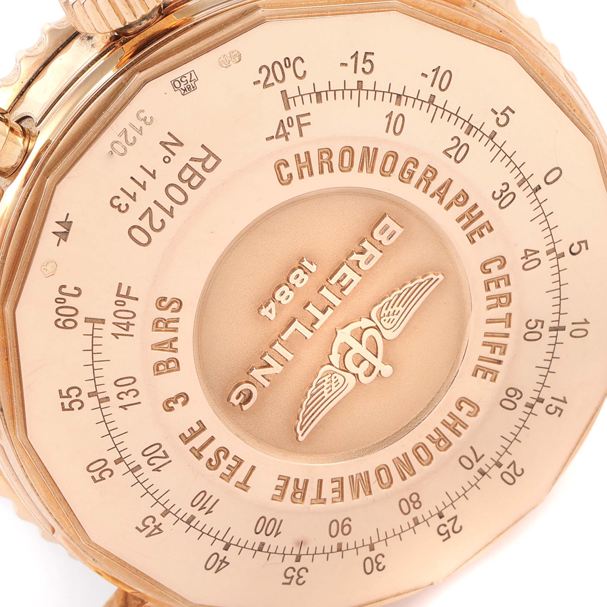 The image shows the back case of a Breitling Navitimer RB0120 Men's Rose Gold Black Dial RB0120 Men's Rose Gold Black Dial watch with detailed markings and engravings.