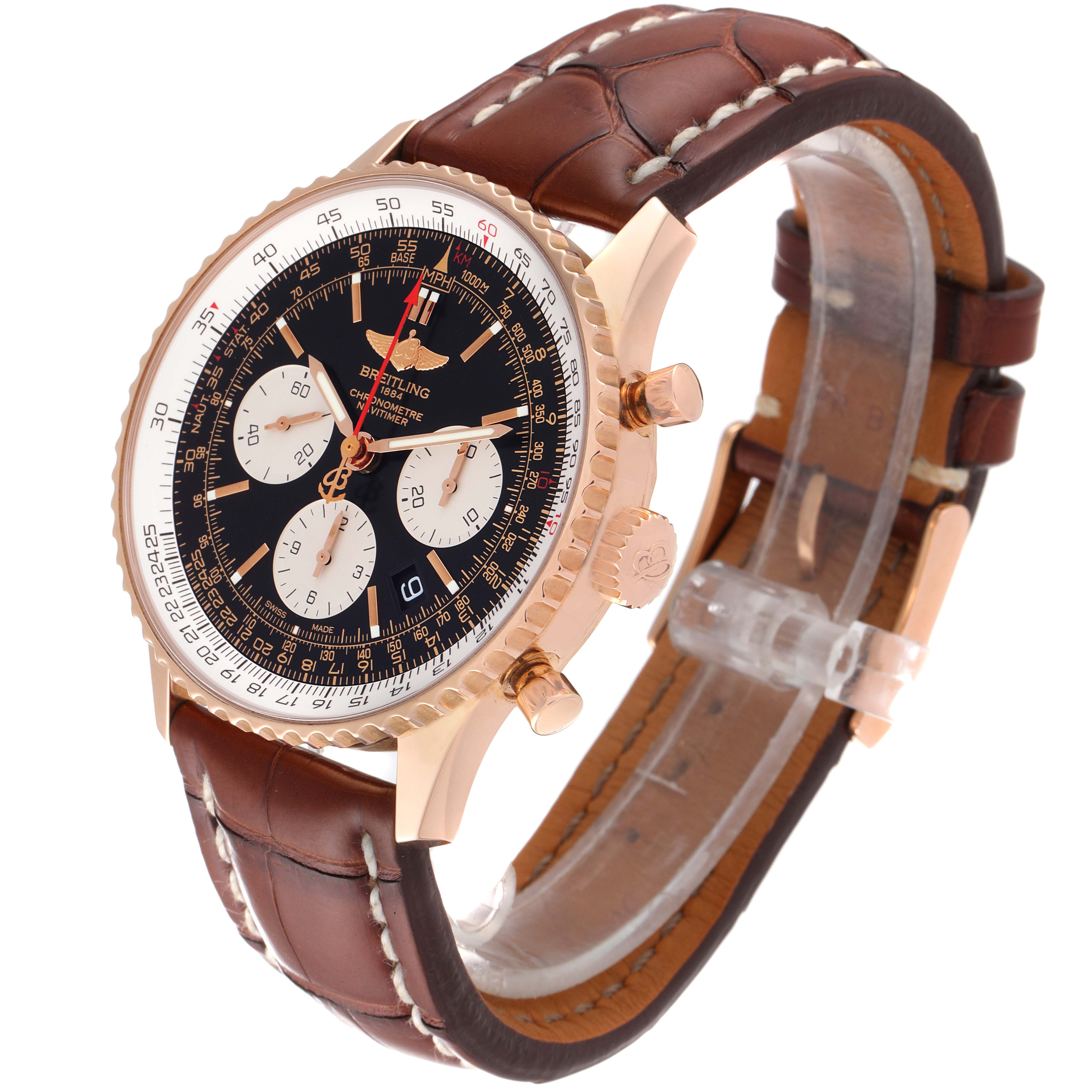 The image shows a Breitling Navitimer RB0120 Men's Rose Gold Black Dial RB0120 Men's Rose Gold Black Dial watch from an angled side view, highlighting the dial, crown, pushers, and brown leather strap.
