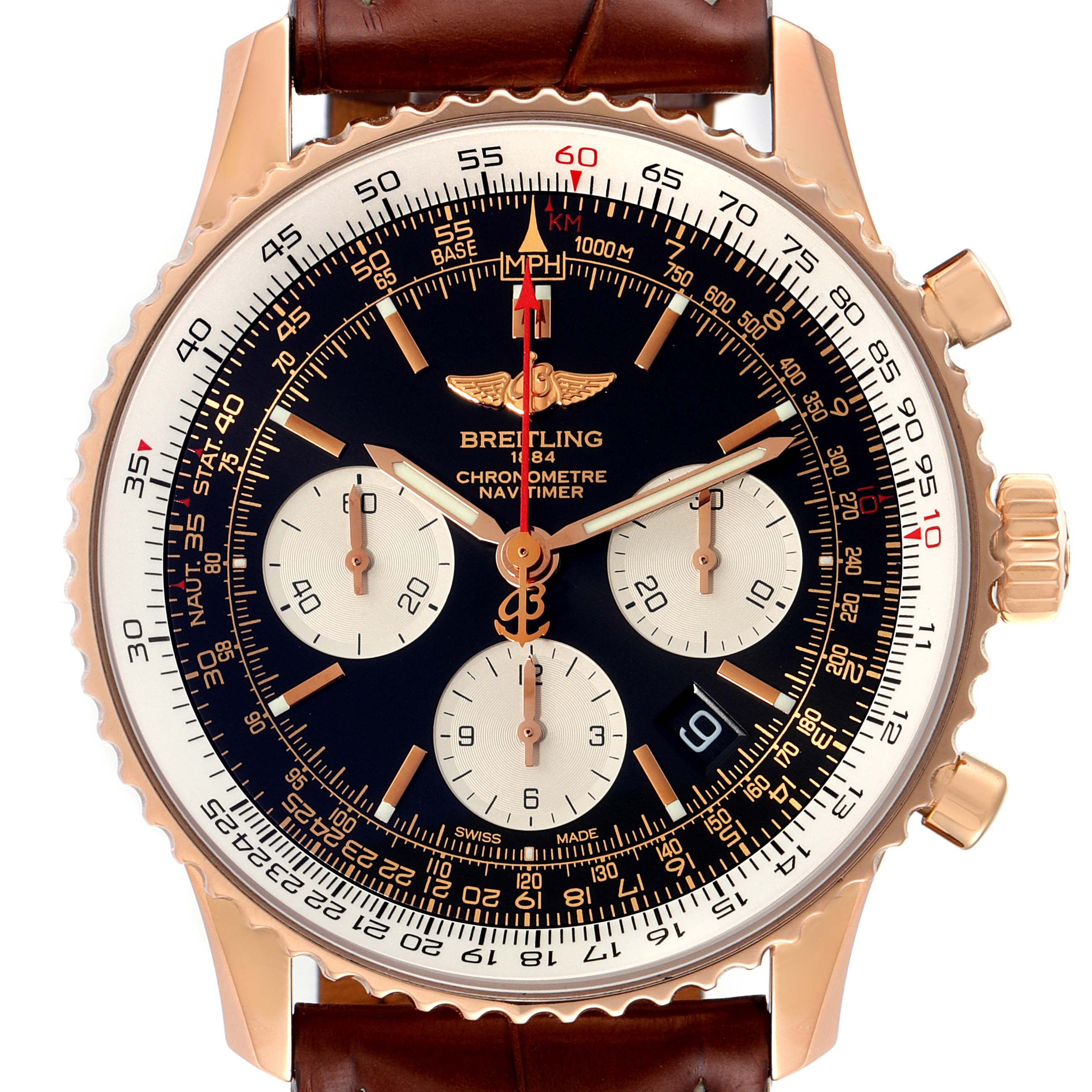 This image shows a front angle view of a Breitling Navitimer RB0120 Men's Rose Gold Black Dial RB0120 Men's Rose Gold Black Dial watch, highlighting its dial, chronographs, hands, and bezel.