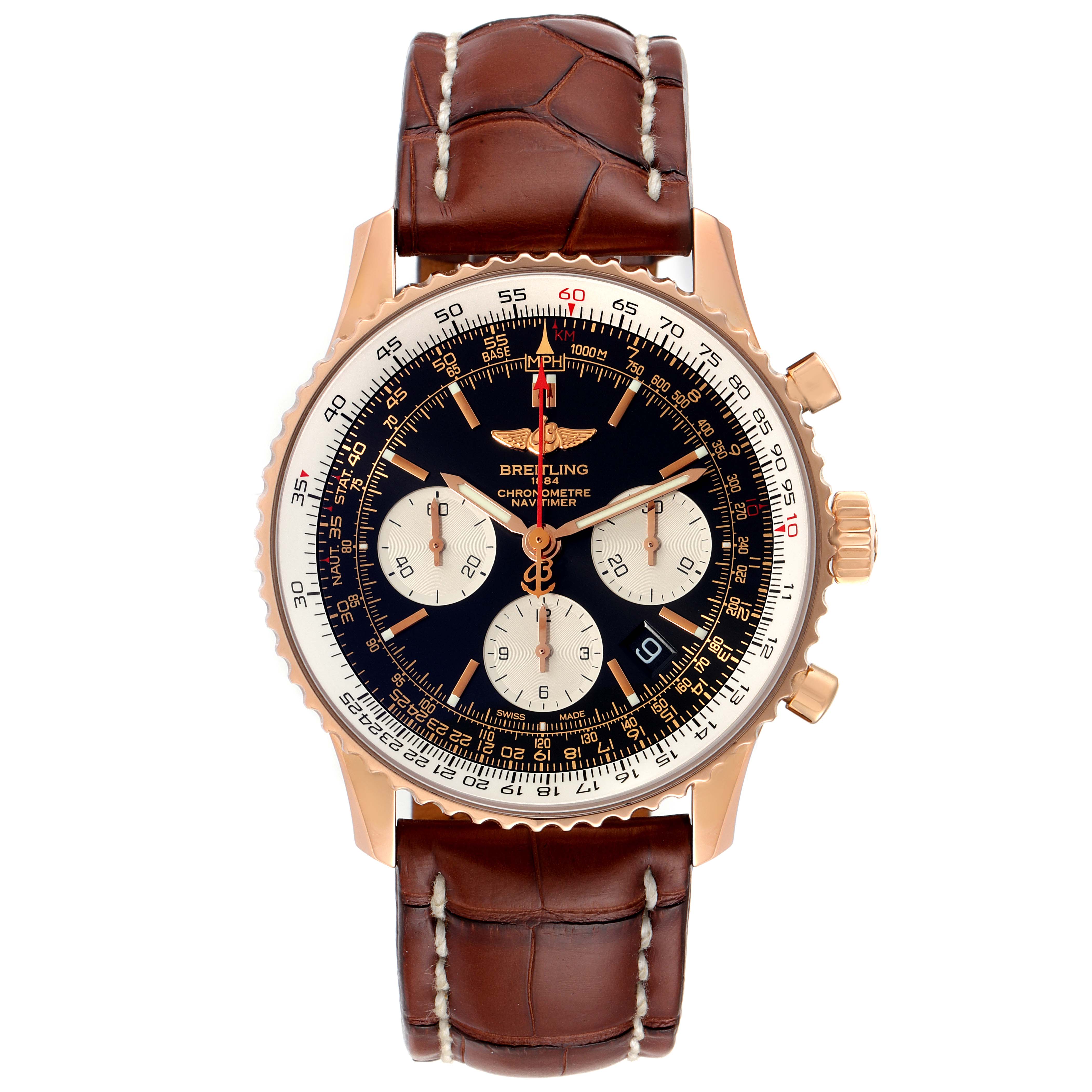The image shows a front view of the Breitling Navitimer RB0120 Men's Rose Gold Black Dial RB0120 Men's Rose Gold Black Dial watch, highlighting the dial, subdials, bezel, and leather strap.