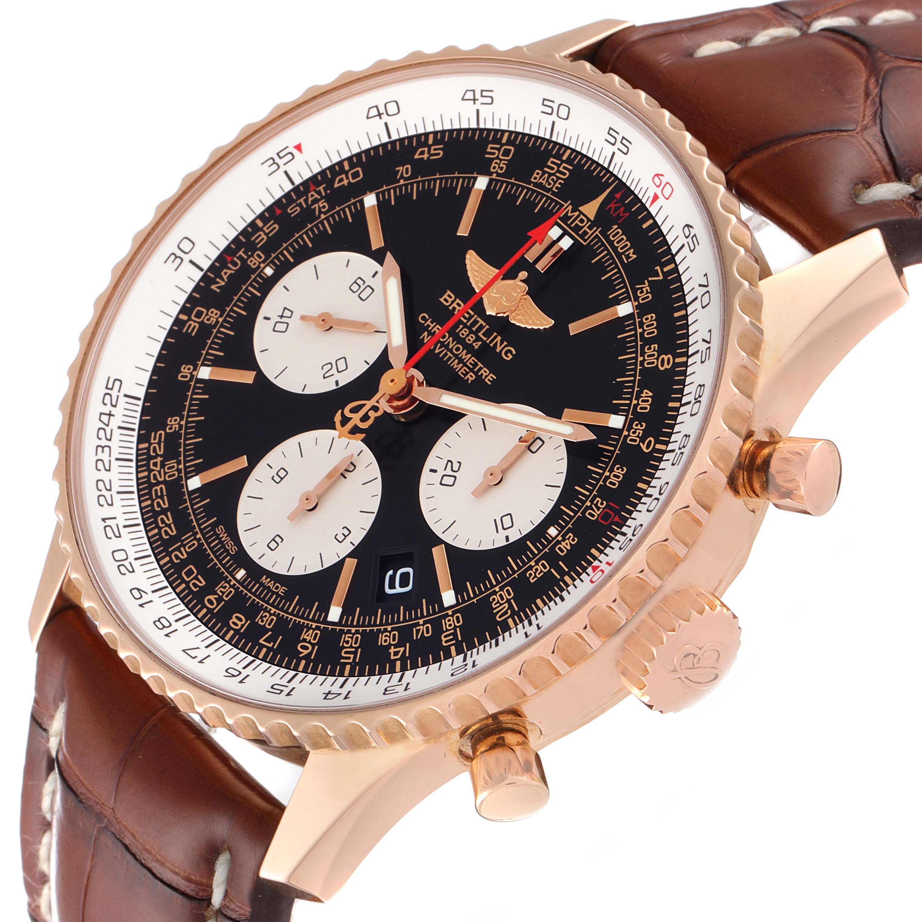 The image shows a Breitling Navitimer RB0120 Men's Rose Gold Black Dial RB0120 Men's Rose Gold Black Dial watch at a three-quarter angle, highlighting the dial, bezel, crown, and leather strap.