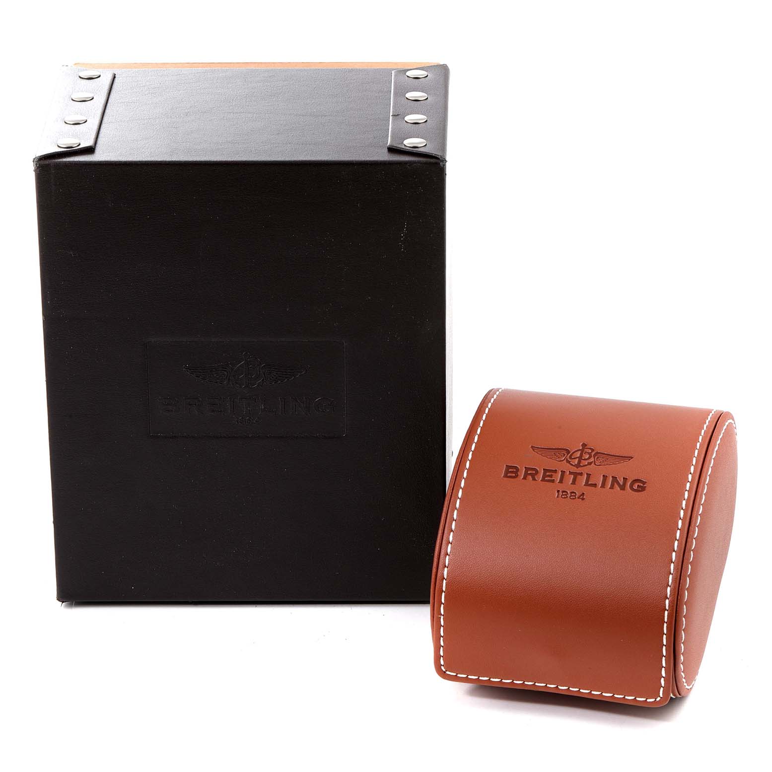 The image shows the Breitling Navitimer RB0120 Men's Rose Gold Black Dial RB0120 Men's Rose Gold Black Dial watch's packaging, including a black box and a brown leather padded case.