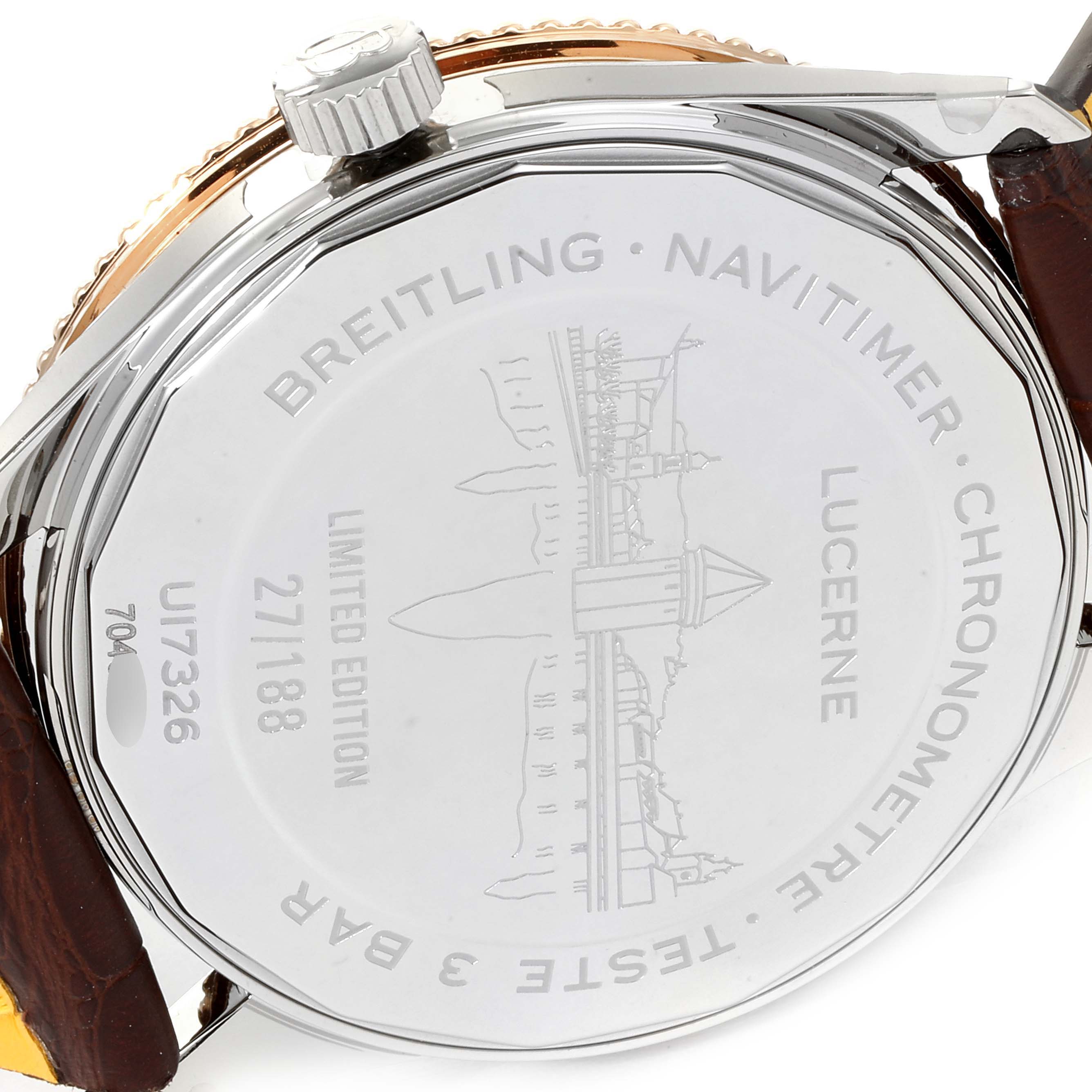 The image shows the back case of a Breitling Navitimer U17326 Men
s Steel and Gold (two tone) Grey Dial U17326 Men
s Steel and Gold (two tone) Grey Dial watch, highlighting its limited edition engraving and leather strap.