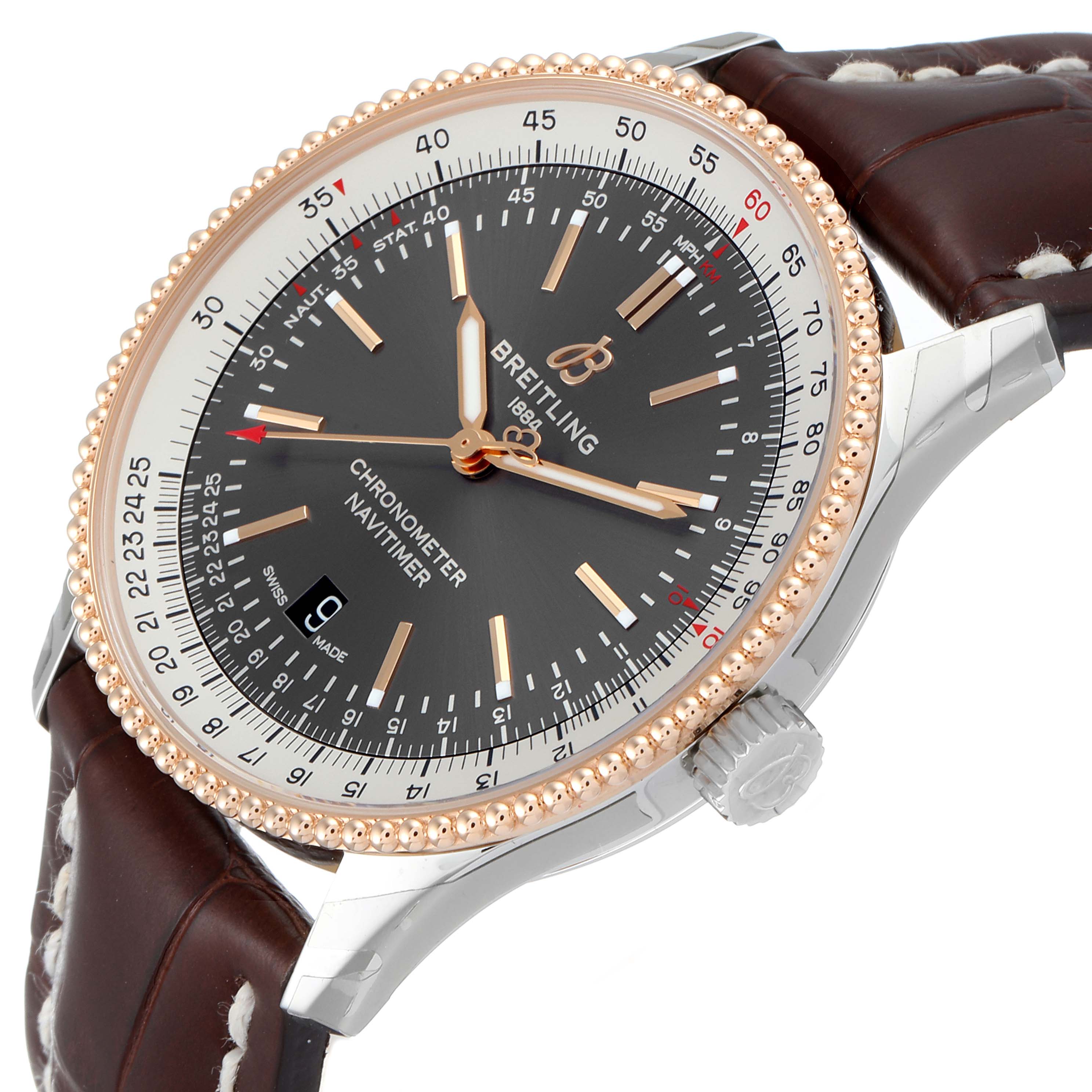 The image shows the Breitling Navitimer U17326 Men
s Steel and Gold (two tone) Grey Dial U17326 Men
s Steel and Gold (two tone) Grey Dial watch from an angled front view, highlighting the dial, bezel, crown, and leather strap.