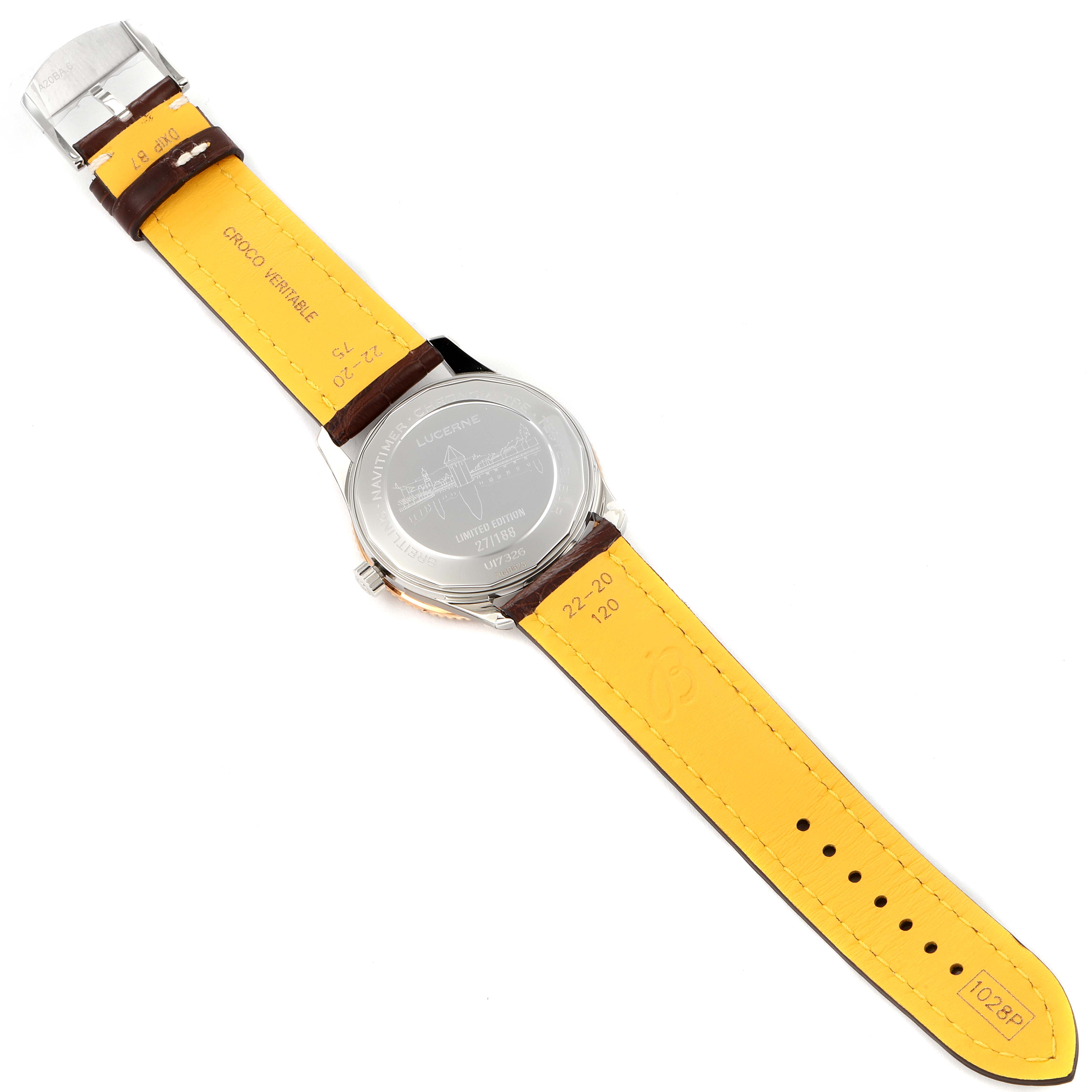 This image shows the back view of a Breitling Navitimer U17326 Men
s Steel and Gold (two tone) Grey Dial U17326 Men
s Steel and Gold (two tone) Grey Dial watch, highlighting the case back and the inner side of the strap.