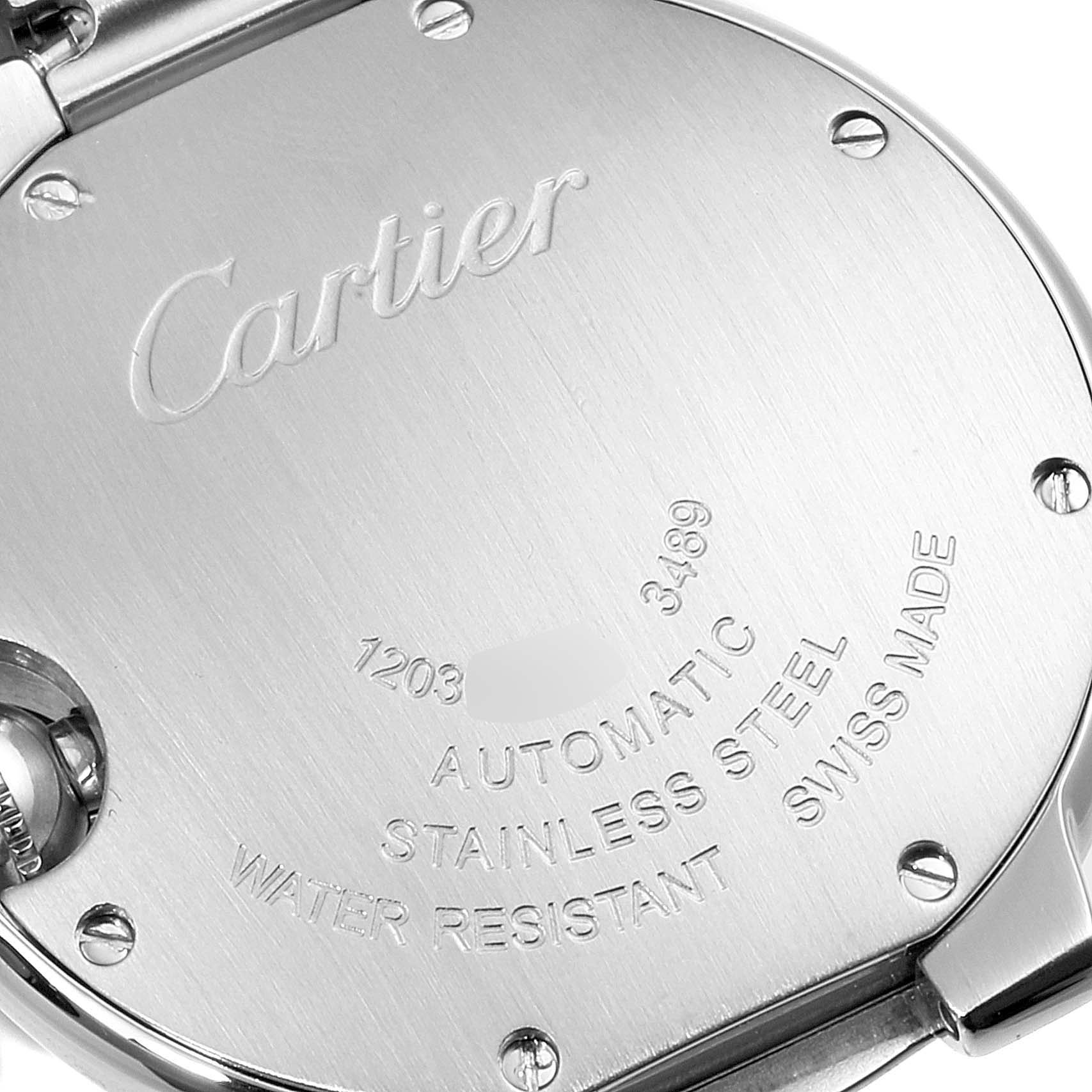 The image shows the back case of a Cartier Ballon Bleu W6920100 Women
s Stainless Steel Pink Dial W6920100 Women
s Stainless Steel Pink Dial watch, displaying its engraved details and branding.