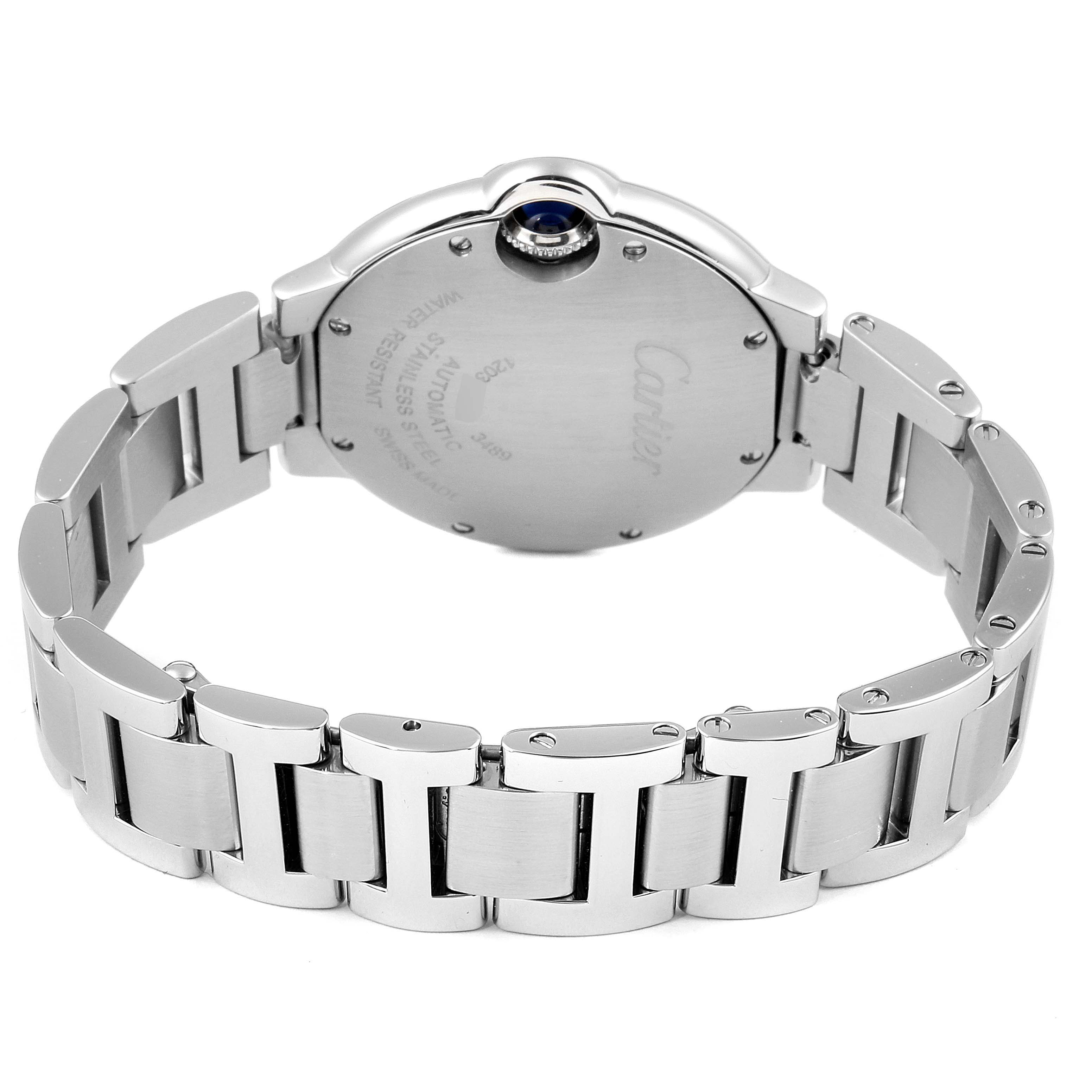 The image shows the back case and bracelet of a Cartier Ballon Bleu W6920100 Women
s Stainless Steel Pink Dial W6920100 Women
s Stainless Steel Pink Dial model watch.