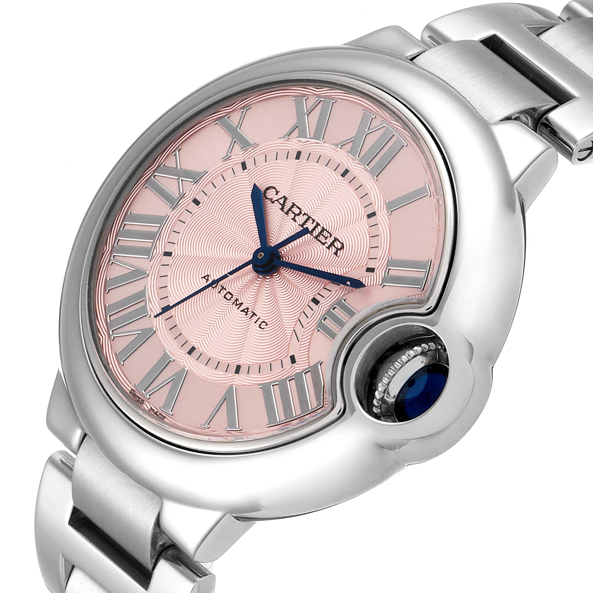 This image shows a close-up of the dial and part of the bracelet of a Cartier Ballon Bleu W6920100 Women
s Stainless Steel Pink Dial W6920100 Women
s Stainless Steel Pink Dial watch.