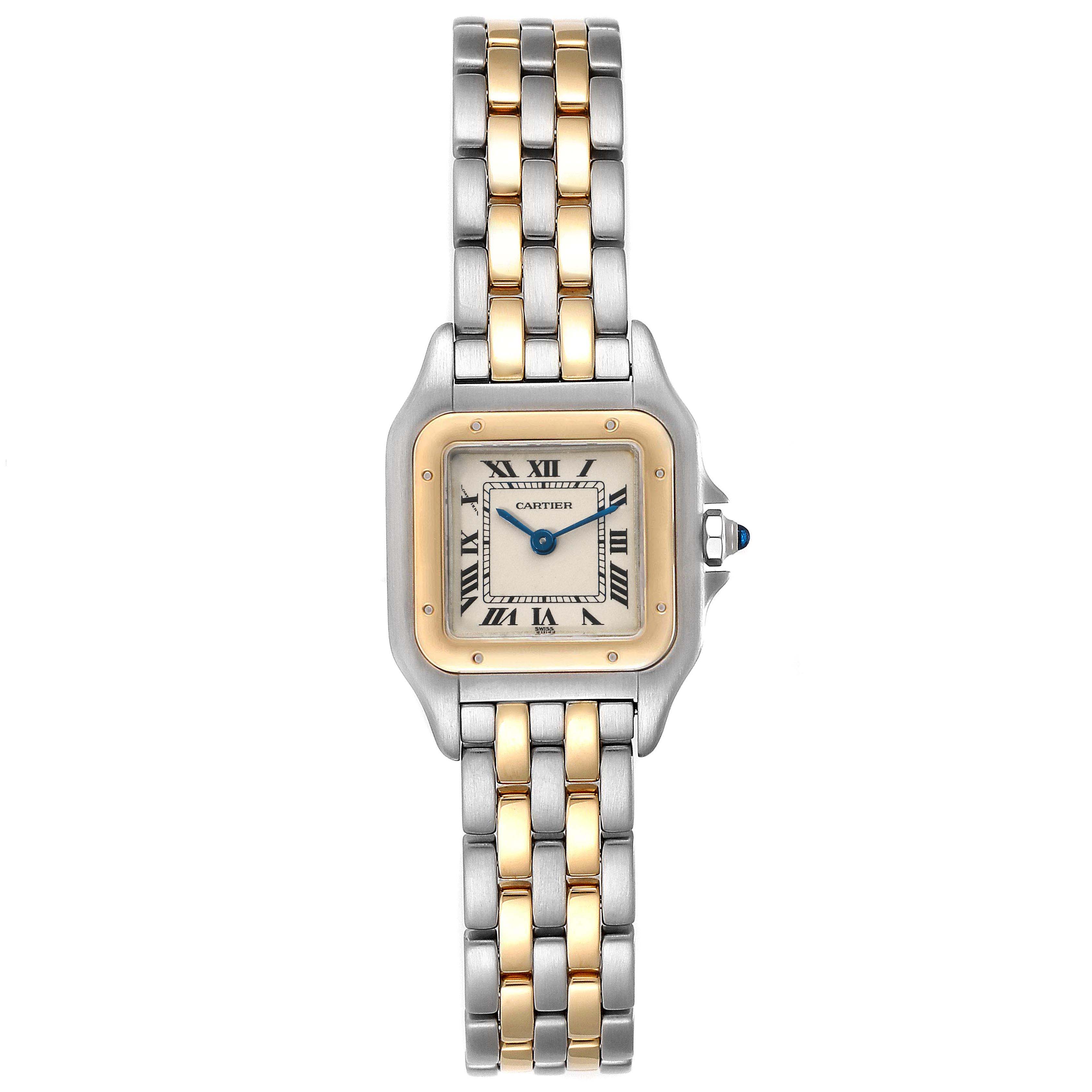 The image shows a front view of the Cartier Panthere W25029B6 Women's Steel and Gold (two tone) Silver Dial W25029B6 Women's Steel and Gold (two tone) Silver Dial watch, displaying its face and two-tone metal bracelet.
