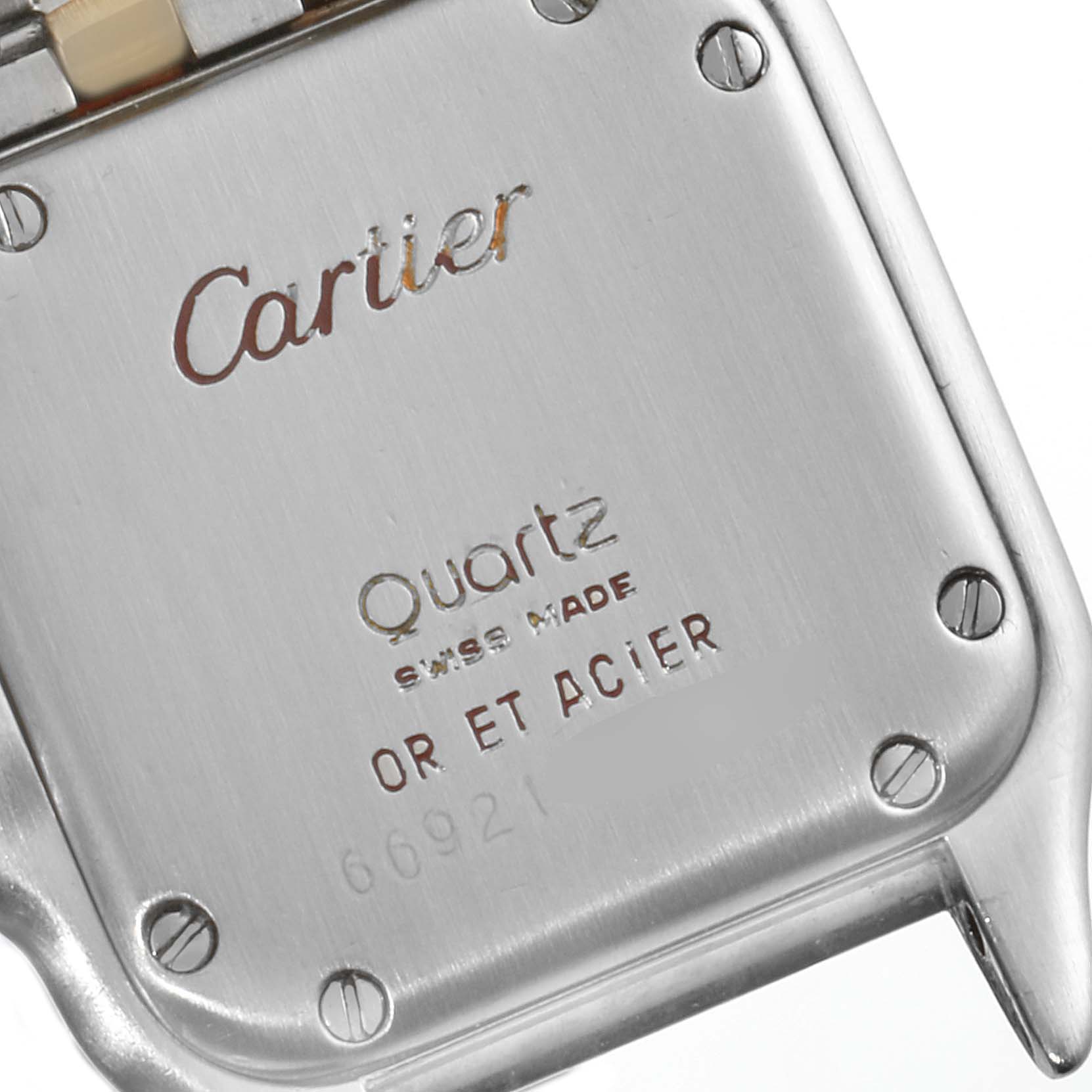 This is the back casing of the Cartier Panthere W25029B6 Women's Steel and Gold (two tone) Silver Dial W25029B6 Women's Steel and Gold (two tone) Silver Dial model watch, showing the brand, model information, and screws.