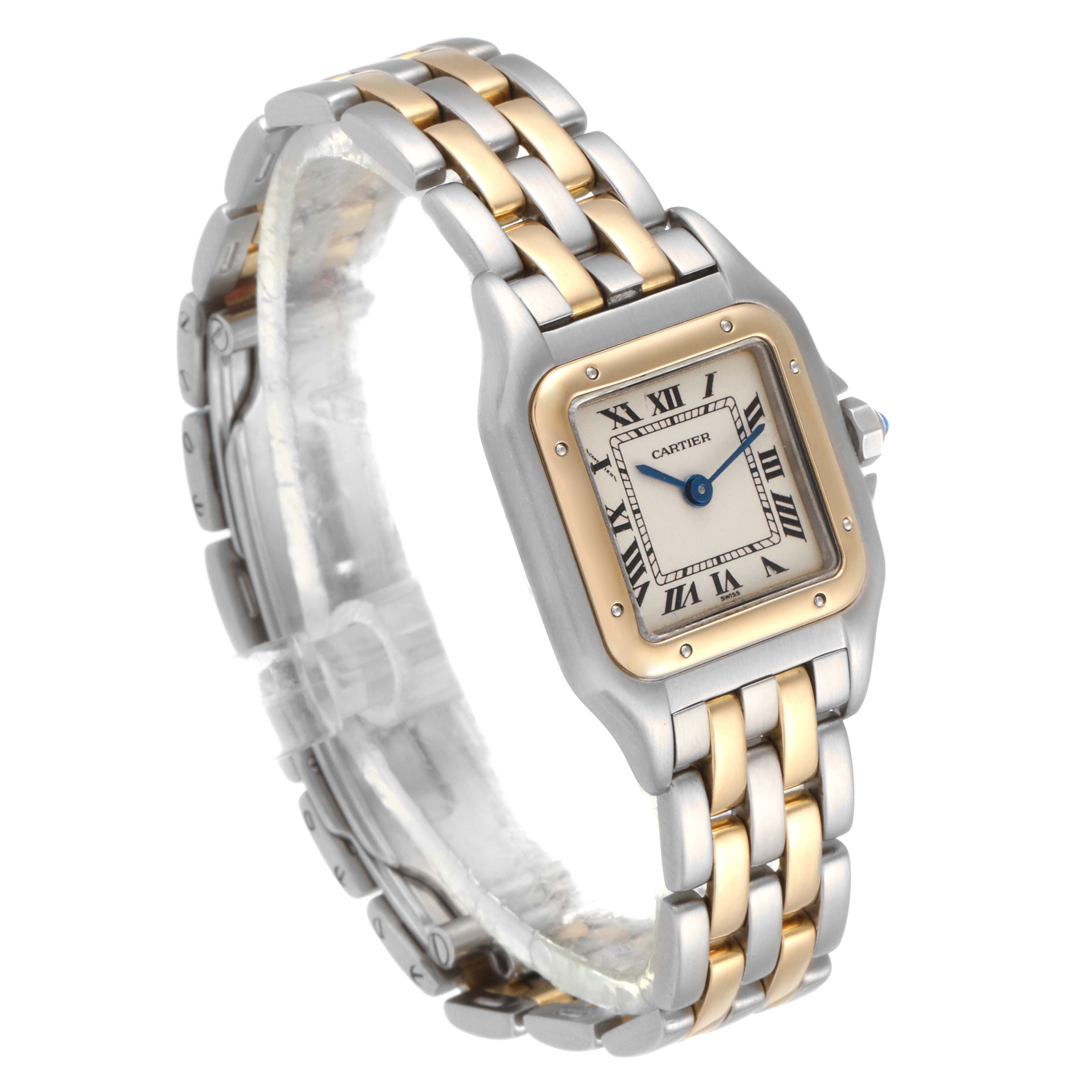 The Cartier Panthere W25029B6 Women's Steel and Gold (two tone) Silver Dial W25029B6 Women's Steel and Gold (two tone) Silver Dial watch is shown at an angled view highlighting its rectangular dial, blue hands, and two-tone metal bracelet.