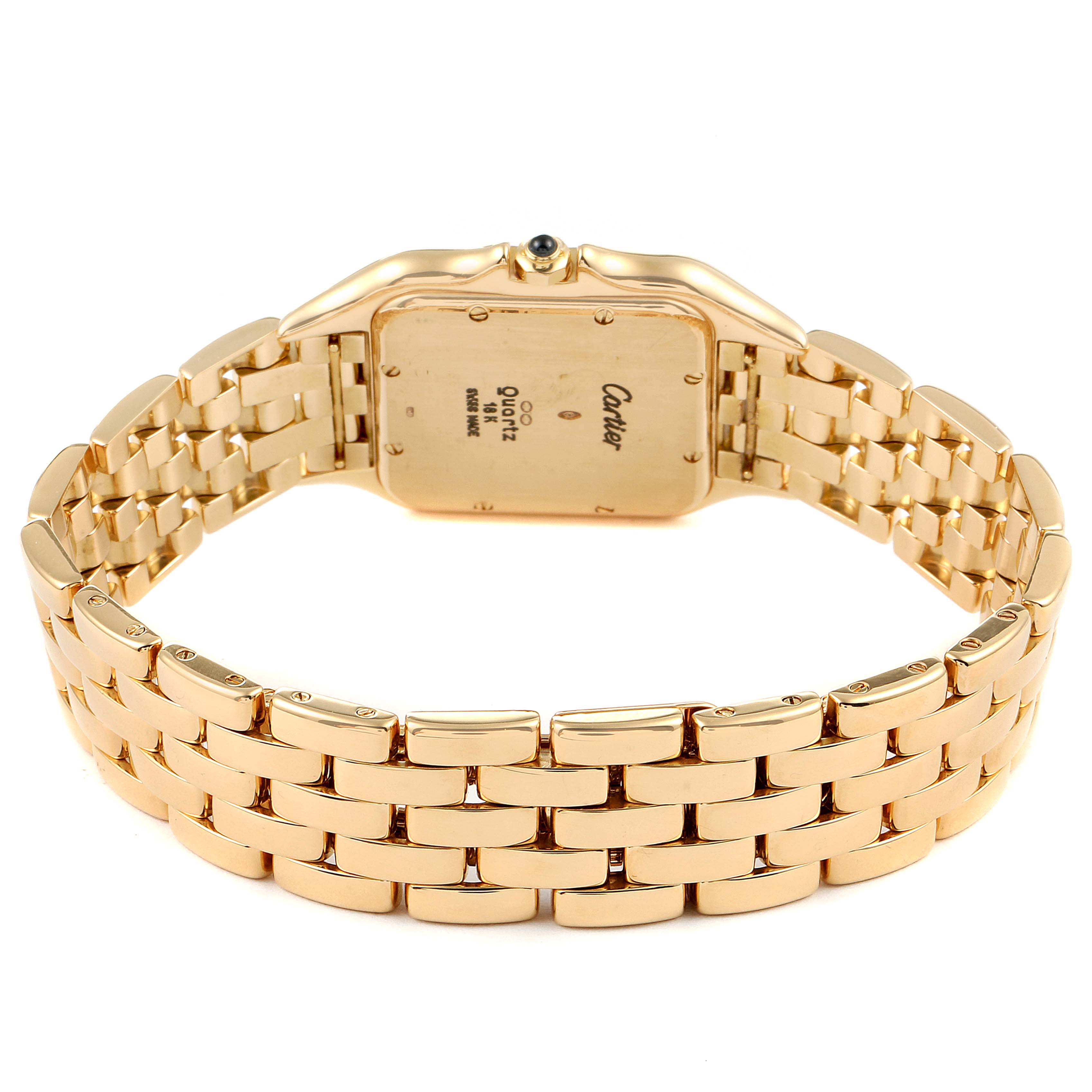 This image shows the back view of a Cartier Panthere W25014B9 Women's Yellow Gold Silver Dial W25014B9 Women's Yellow Gold Silver Dial model watch, highlighting its gold bracelet and case back.