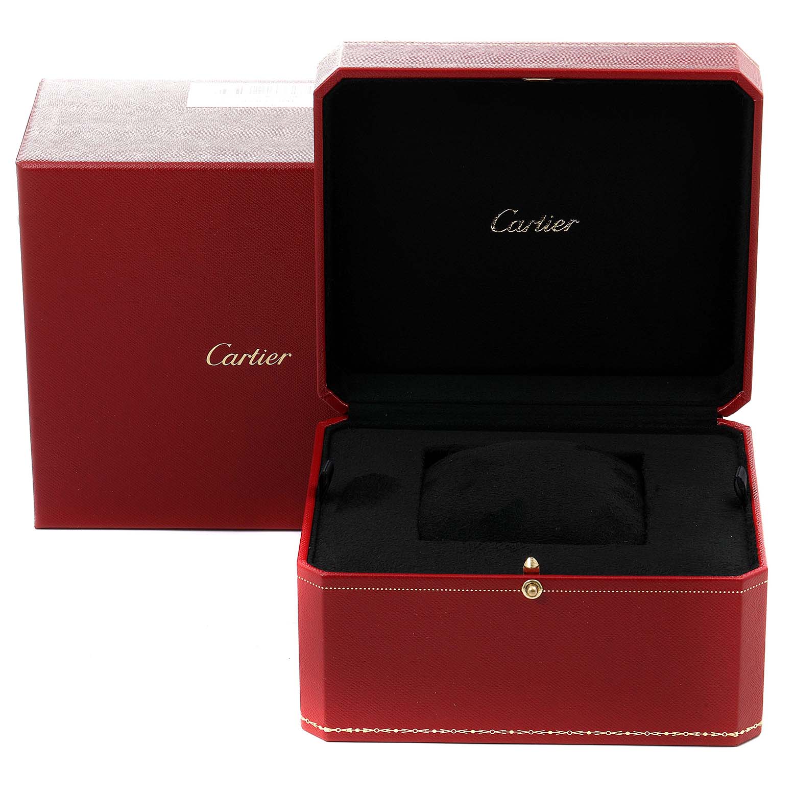 This image features an open red Cartier watch box for the Panthere model.