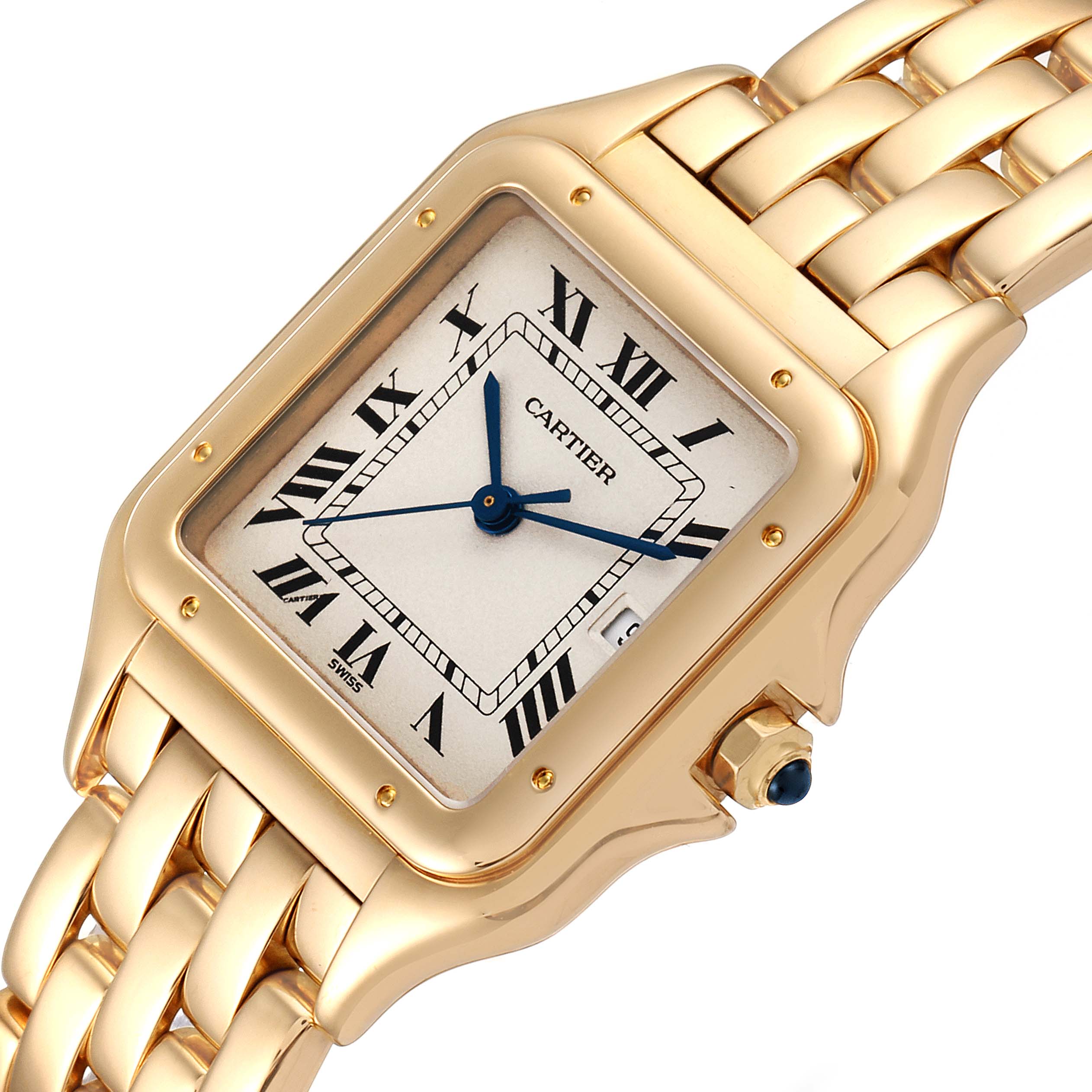 The image shows a close-up angle of the Cartier Panthere W25014B9 Women's Yellow Gold Silver Dial W25014B9 Women's Yellow Gold Silver Dial watch's face and band, prominently featuring the dial and case.
