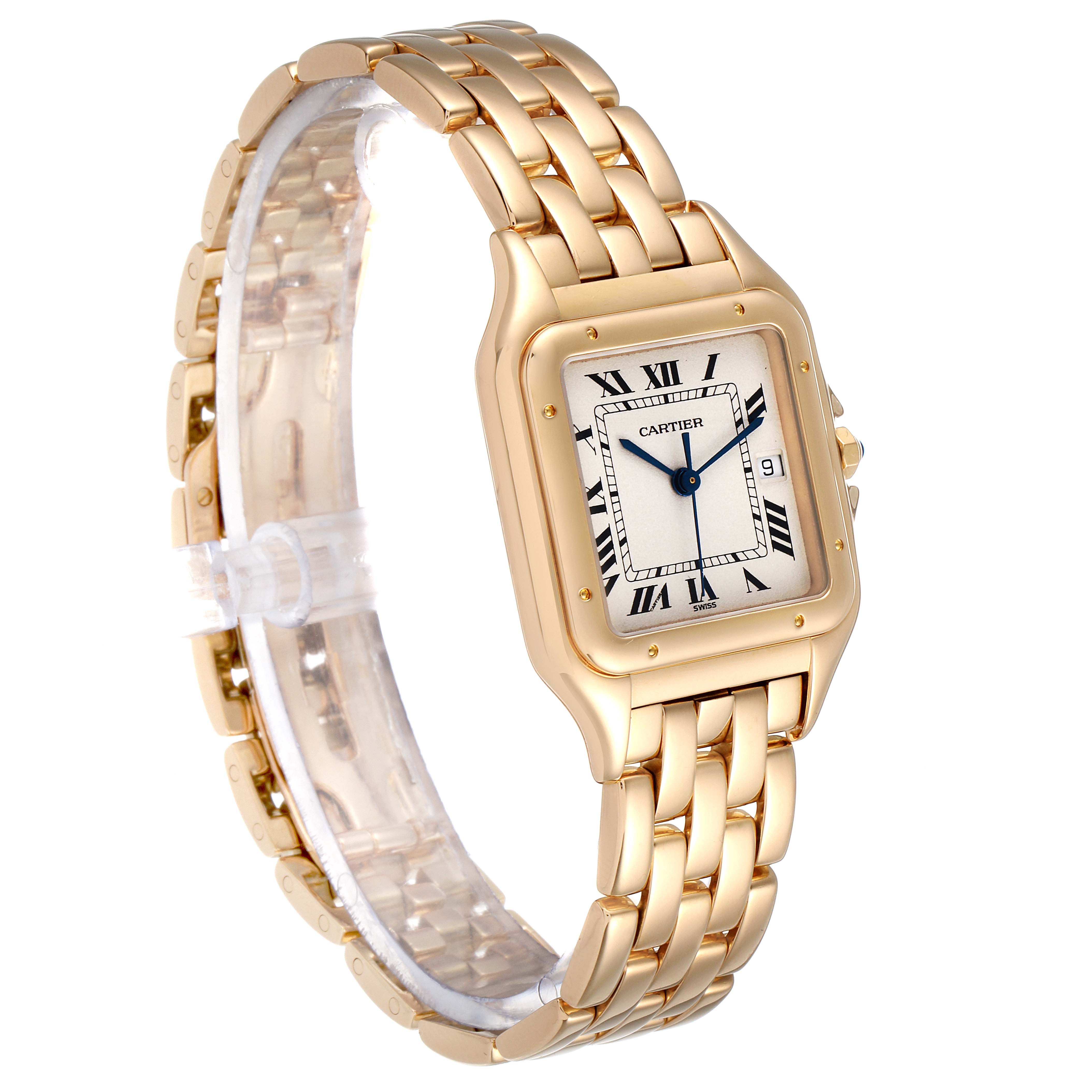 The Cartier Panthere W25014B9 Women's Yellow Gold Silver Dial W25014B9 Women's Yellow Gold Silver Dial watch is shown at a 3/4 angle, displaying the dial, bezel, bracelet, and part of the clasp.