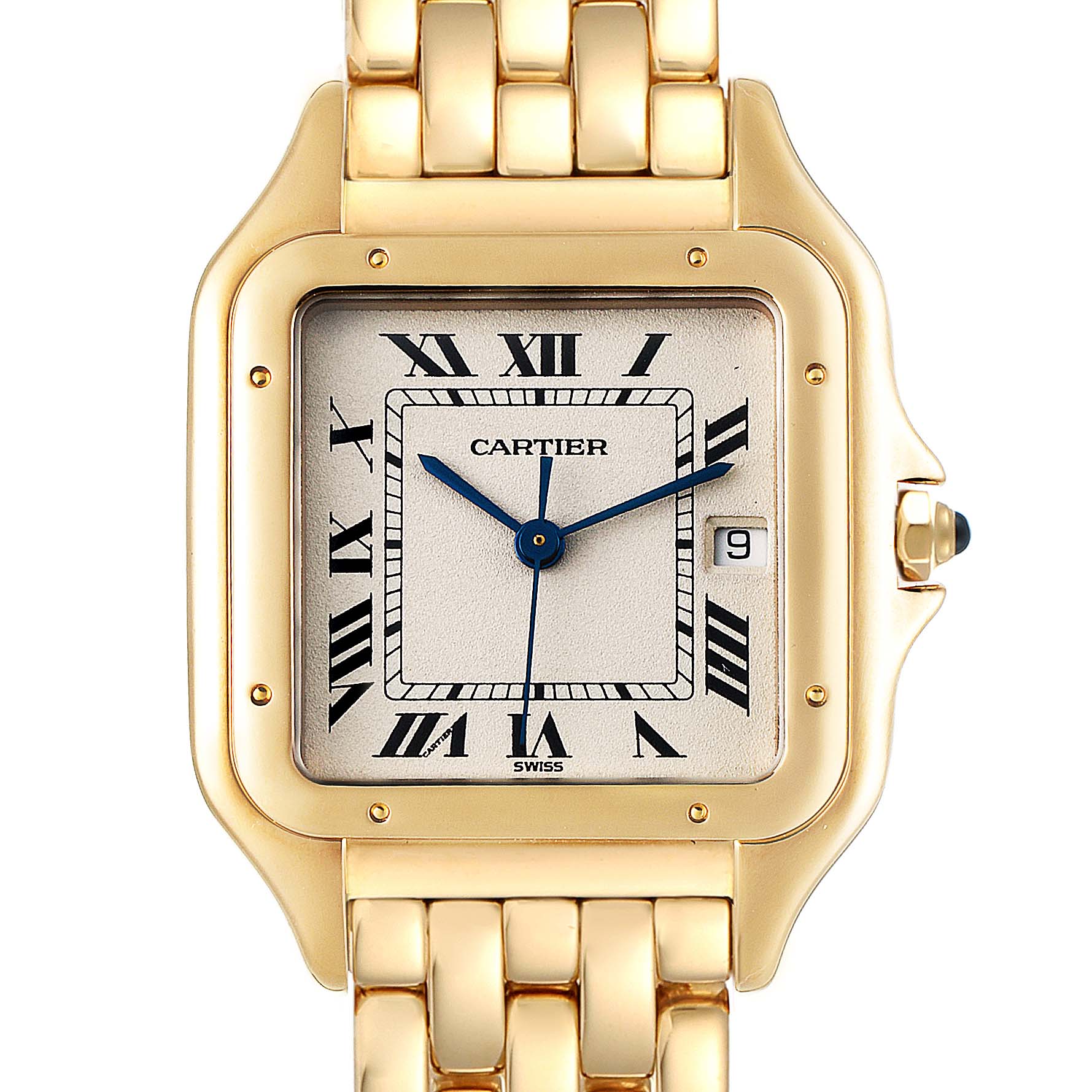 The image shows a frontal view of the Cartier Panthere W25014B9 Women's Yellow Gold Silver Dial W25014B9 Women's Yellow Gold Silver Dial model watch, highlighting its square face, Roman numerals, and gold bracelet.