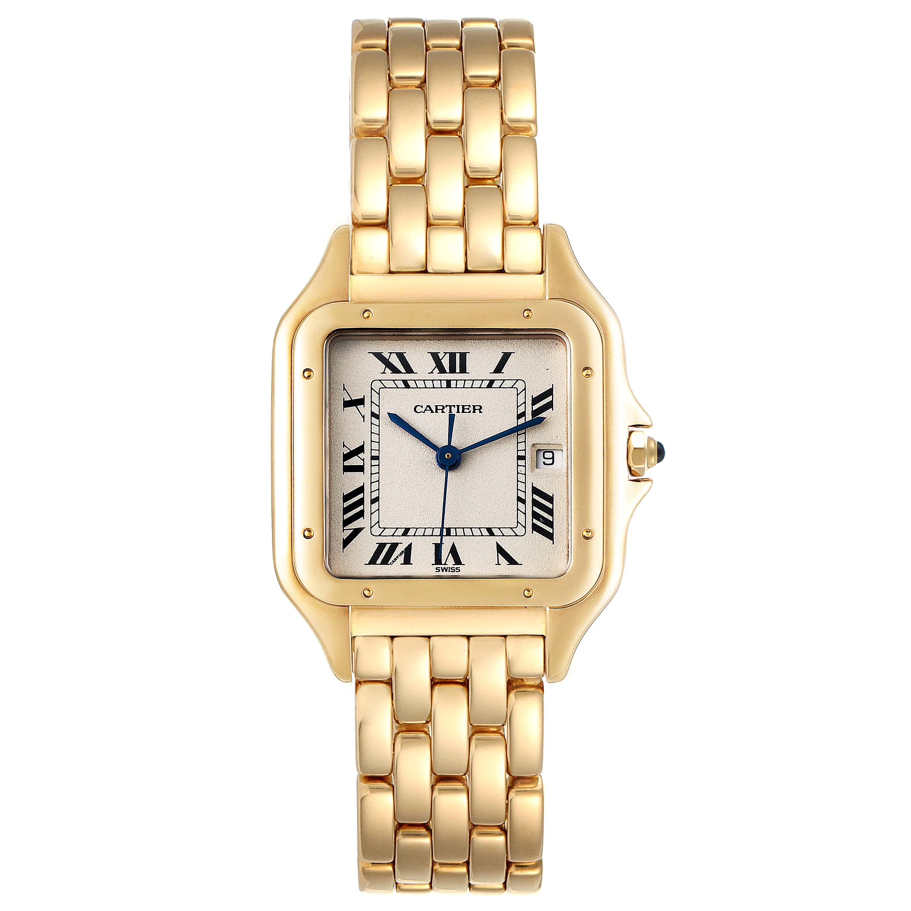 This image shows a frontal view of the Cartier Panthère watch, displaying its dial, bezel, crown, and bracelet.