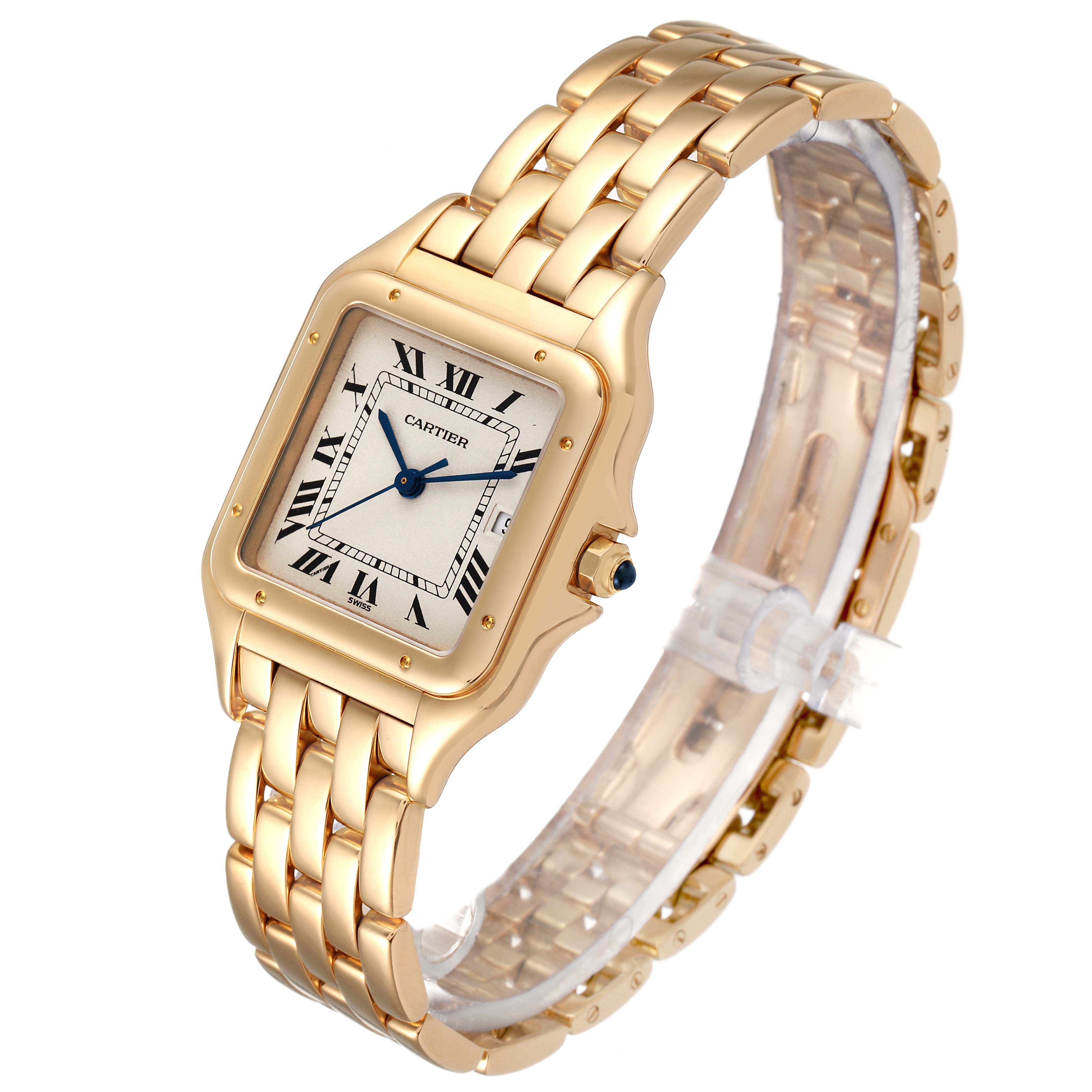 The image shows the Cartier Panthere W25014B9 Women's Yellow Gold Silver Dial W25014B9 Women's Yellow Gold Silver Dial watch at a three-quarter angle, highlighting the dial, case, and metal bracelet.