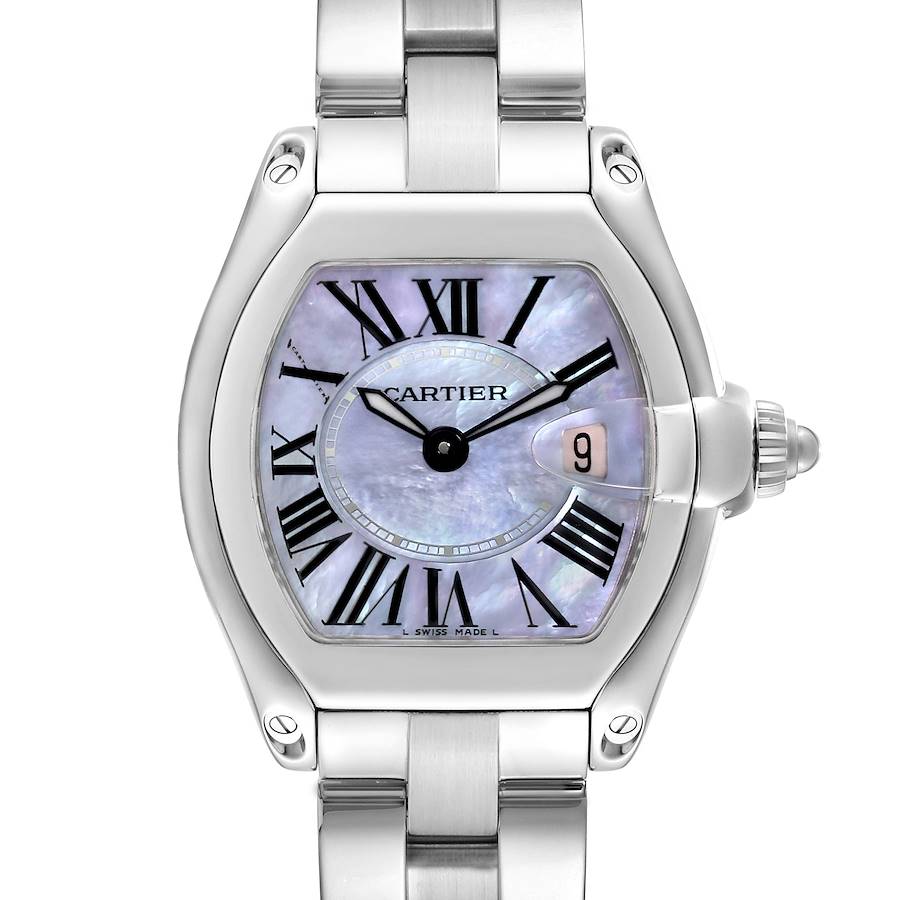 The Cartier Roadster watch is shown from a front angle, highlighting the dial, Roman numeral hour markers, and bracelet.