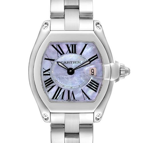 The Cartier Roadster watch is shown from a front angle, highlighting the face, Roman numerals, and metal bracelet.