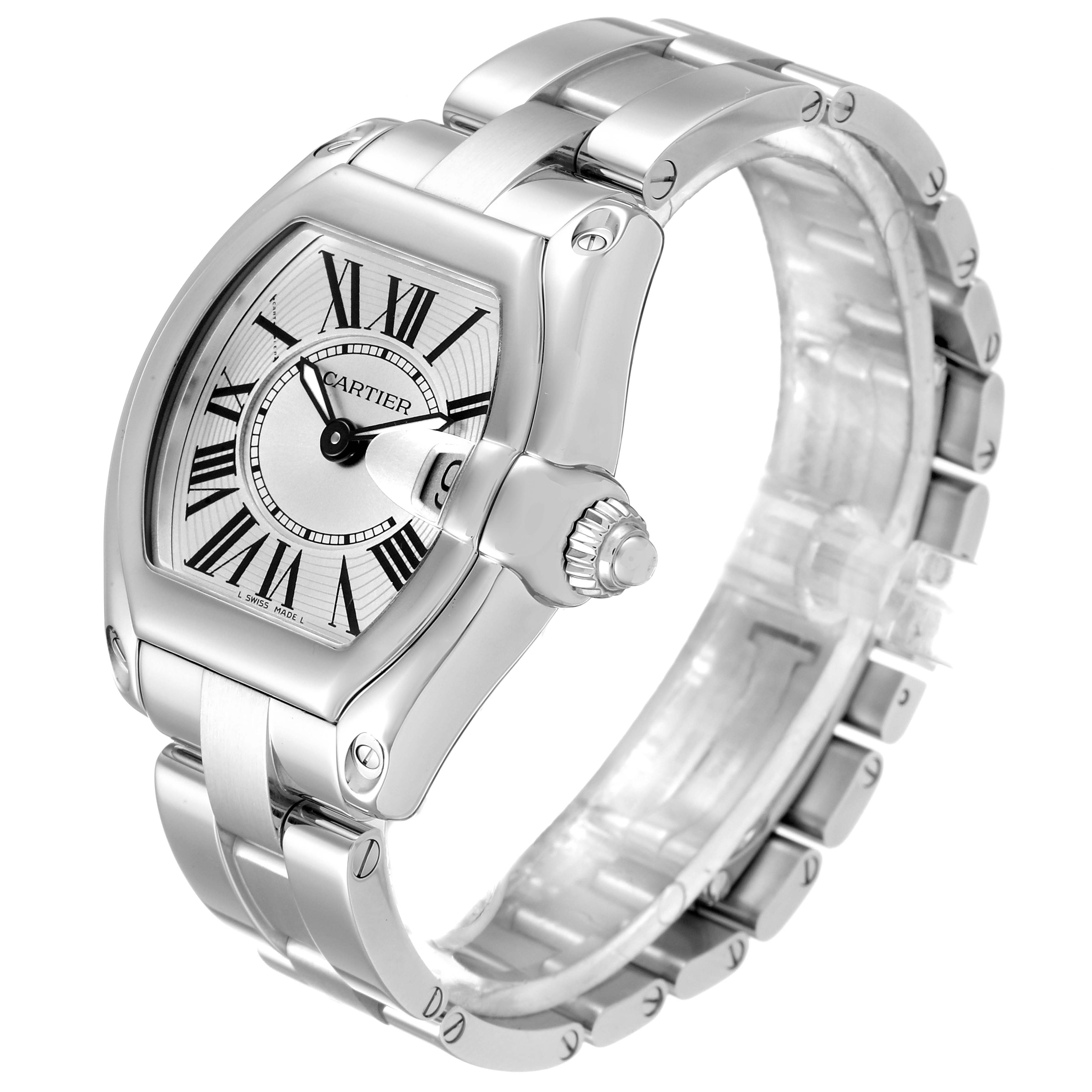 This image shows a Cartier Roadster W62016V3 Women's Stainless Steel Silver Dial W62016V3 Women's Stainless Steel Silver Dial watch at an angle displaying the case, dial, crown, and bracelet.