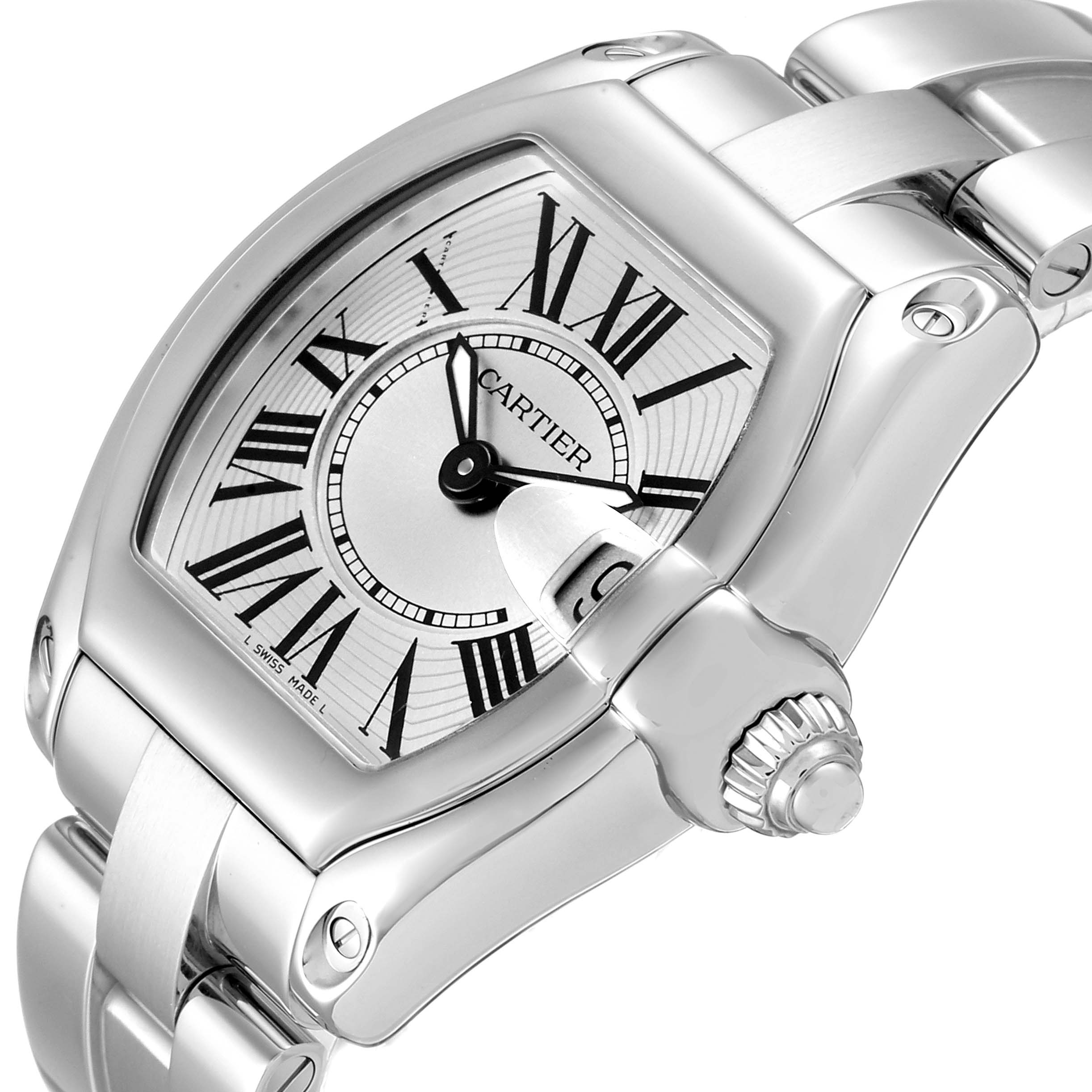 The Cartier Roadster W62016V3 Women's Stainless Steel Silver Dial W62016V3 Women's Stainless Steel Silver Dial watch is shown at an oblique angle, highlighting its dial, crown, and stainless steel bracelet.