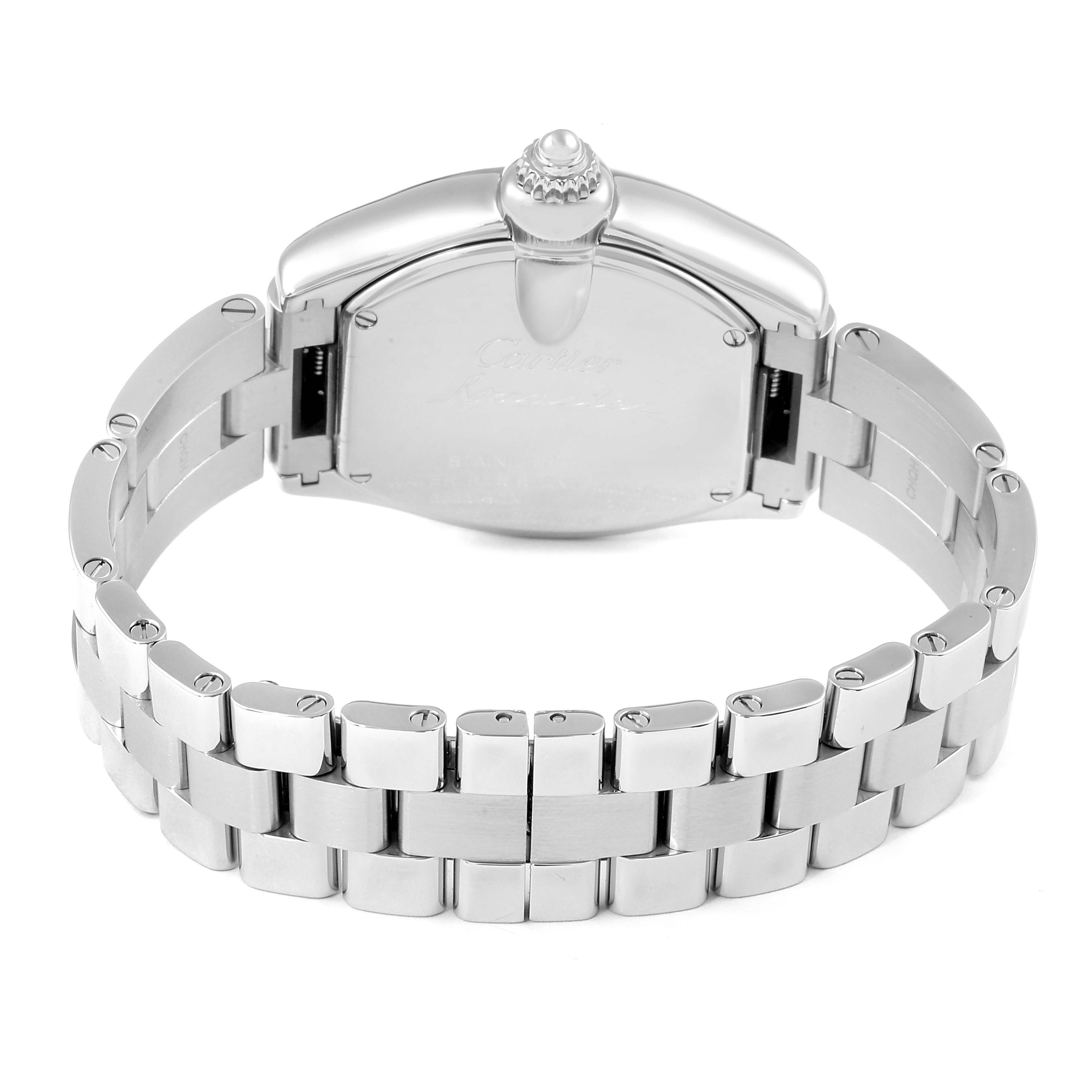 This image shows the back view of a Cartier Roadster W62016V3 Women's Stainless Steel Silver Dial W62016V3 Women's Stainless Steel Silver Dial watch, highlighting its stainless steel case and bracelet.