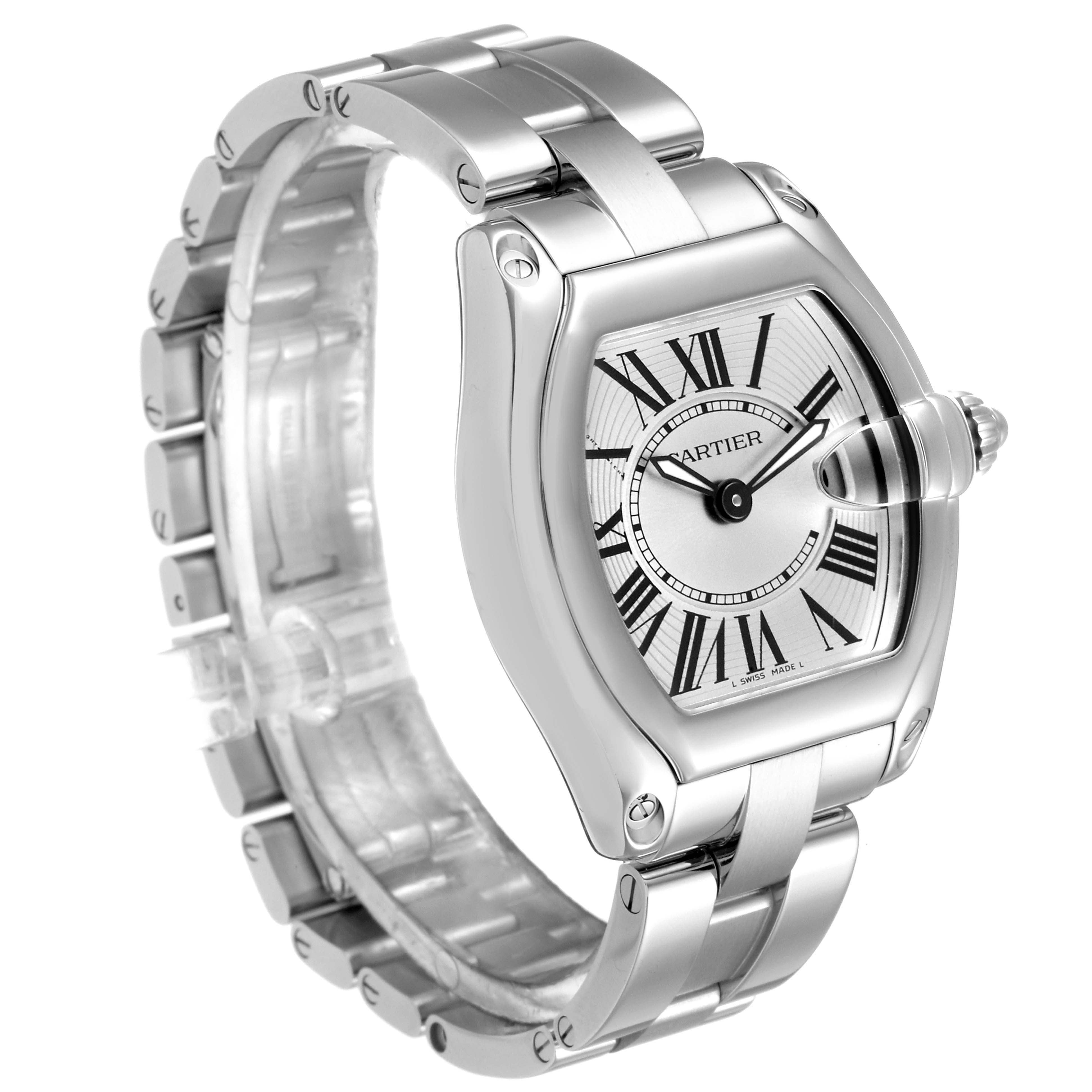 The image shows a Cartier Roadster W62016V3 Women's Stainless Steel Silver Dial W62016V3 Women's Stainless Steel Silver Dial watch at a slight angle, displaying its dial, case, crown, and partially open bracelet.