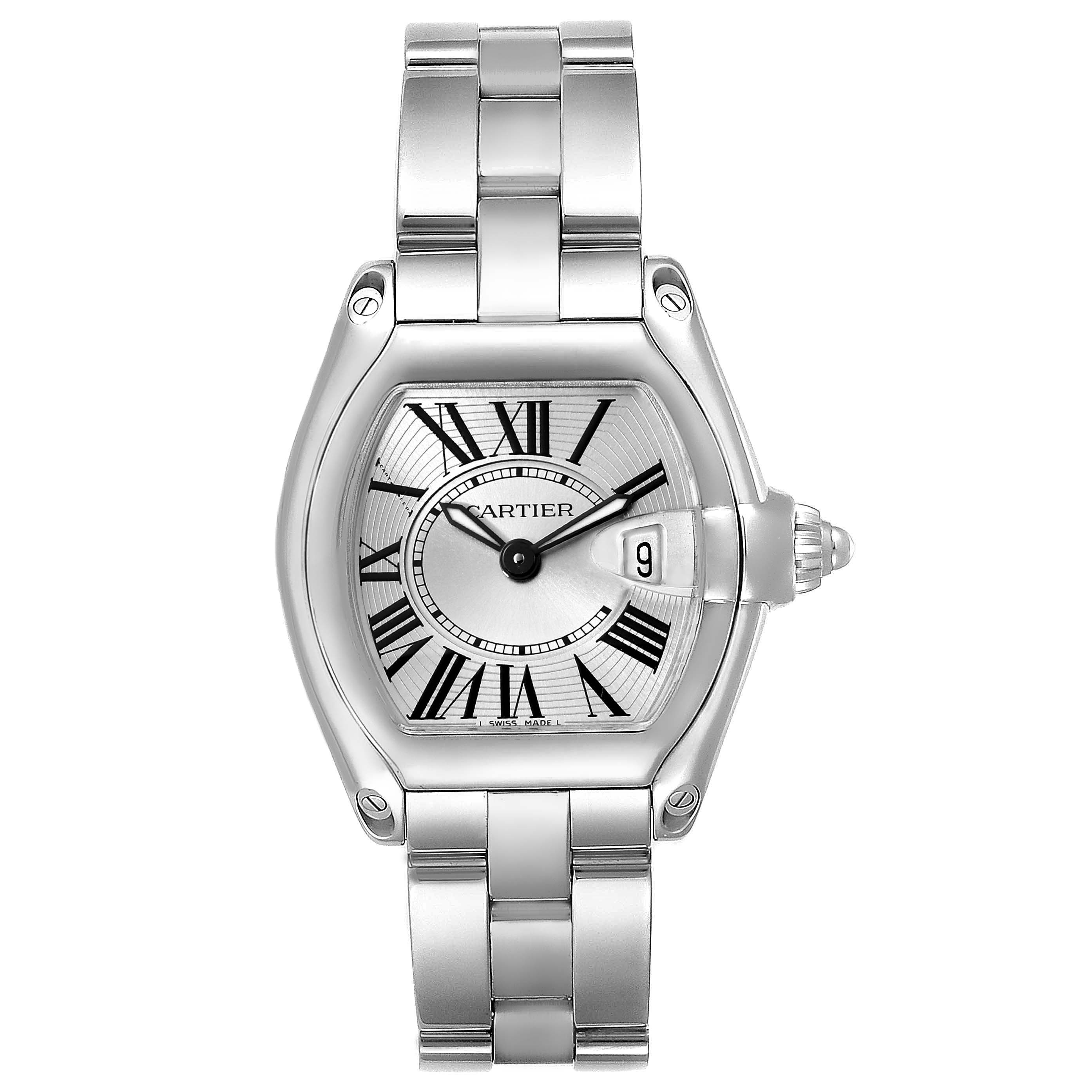 This image shows a front view of the Cartier Roadster W62016V3 Women's Stainless Steel Silver Dial W62016V3 Women's Stainless Steel Silver Dial watch, highlighting its face, bezel, crown, and bracelet.