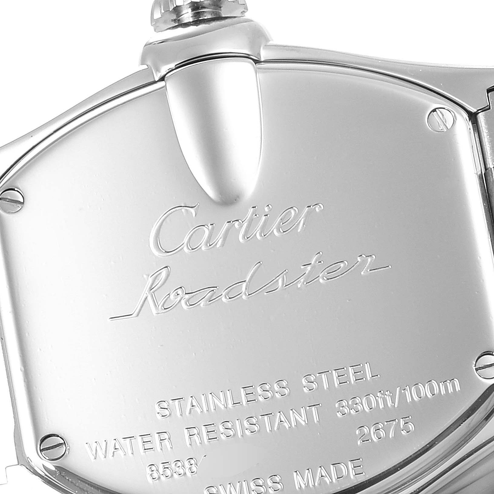 This image shows the back casing of a Cartier Roadster W62016V3 Women's Stainless Steel Silver Dial W62016V3 Women's Stainless Steel Silver Dial watch, displaying engravings for the brand, model, and specifications.