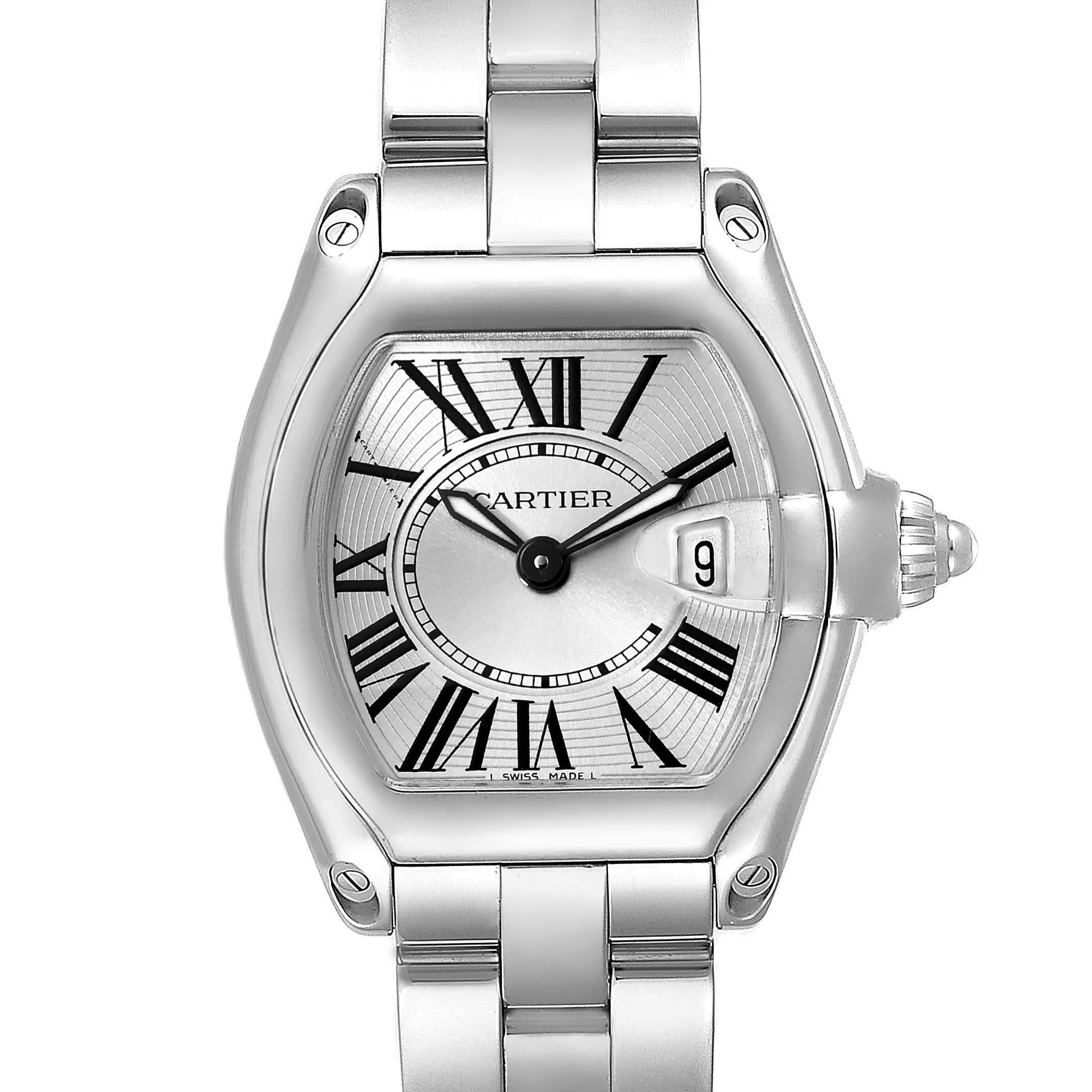The image shows a close-up front view of the Cartier Roadster W62016V3 Women's Stainless Steel Silver Dial W62016V3 Women's Stainless Steel Silver Dial watch, highlighting its face, bezel, and stainless steel strap.