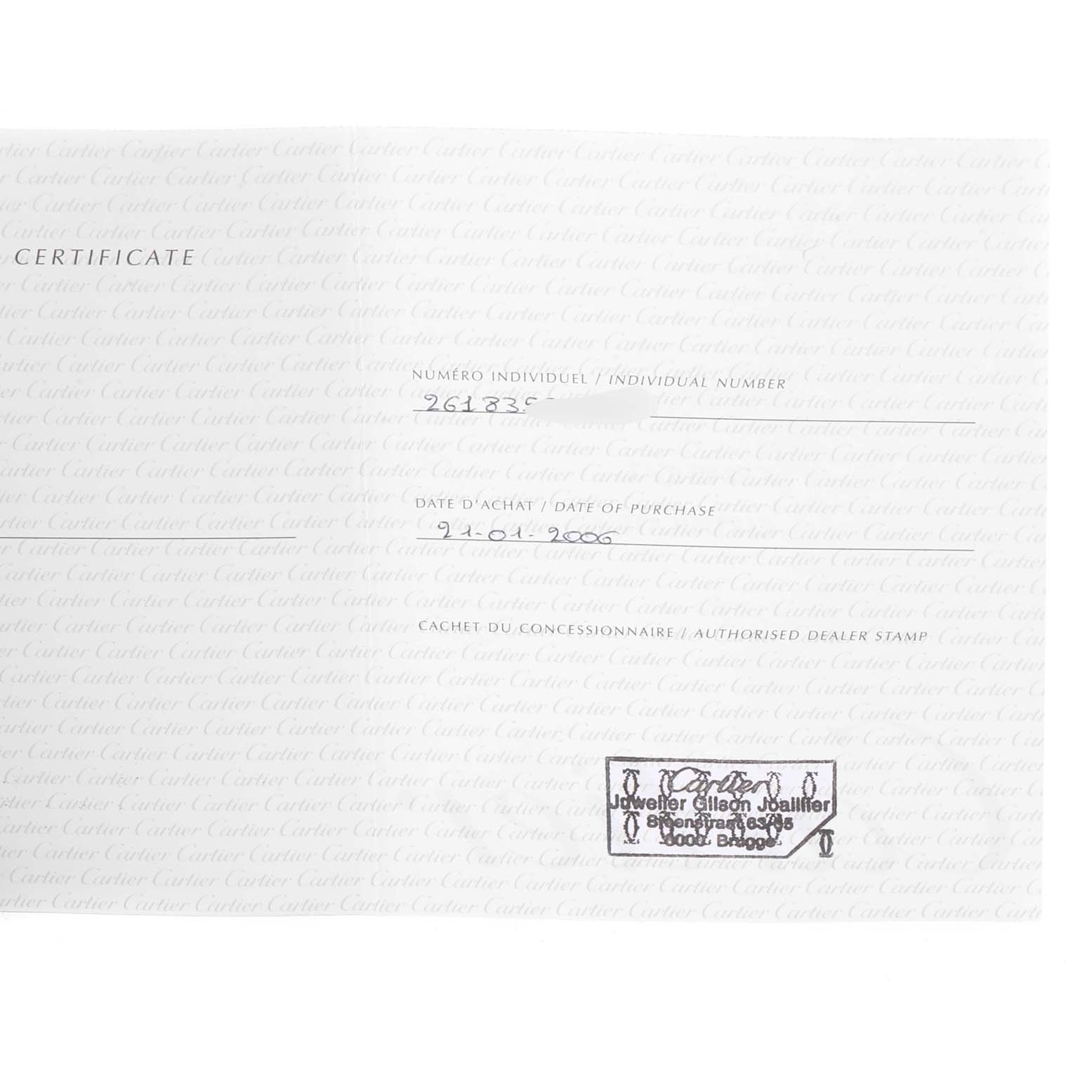 This image shows the certificate of Best Quality
ity for a Cartier Roadster W62020X6 Men
s Stainless Steel Black Dial W62020X6 Men
s Stainless Steel Black Dial watch, including the individual number, date of purchase, and dealer stamp.